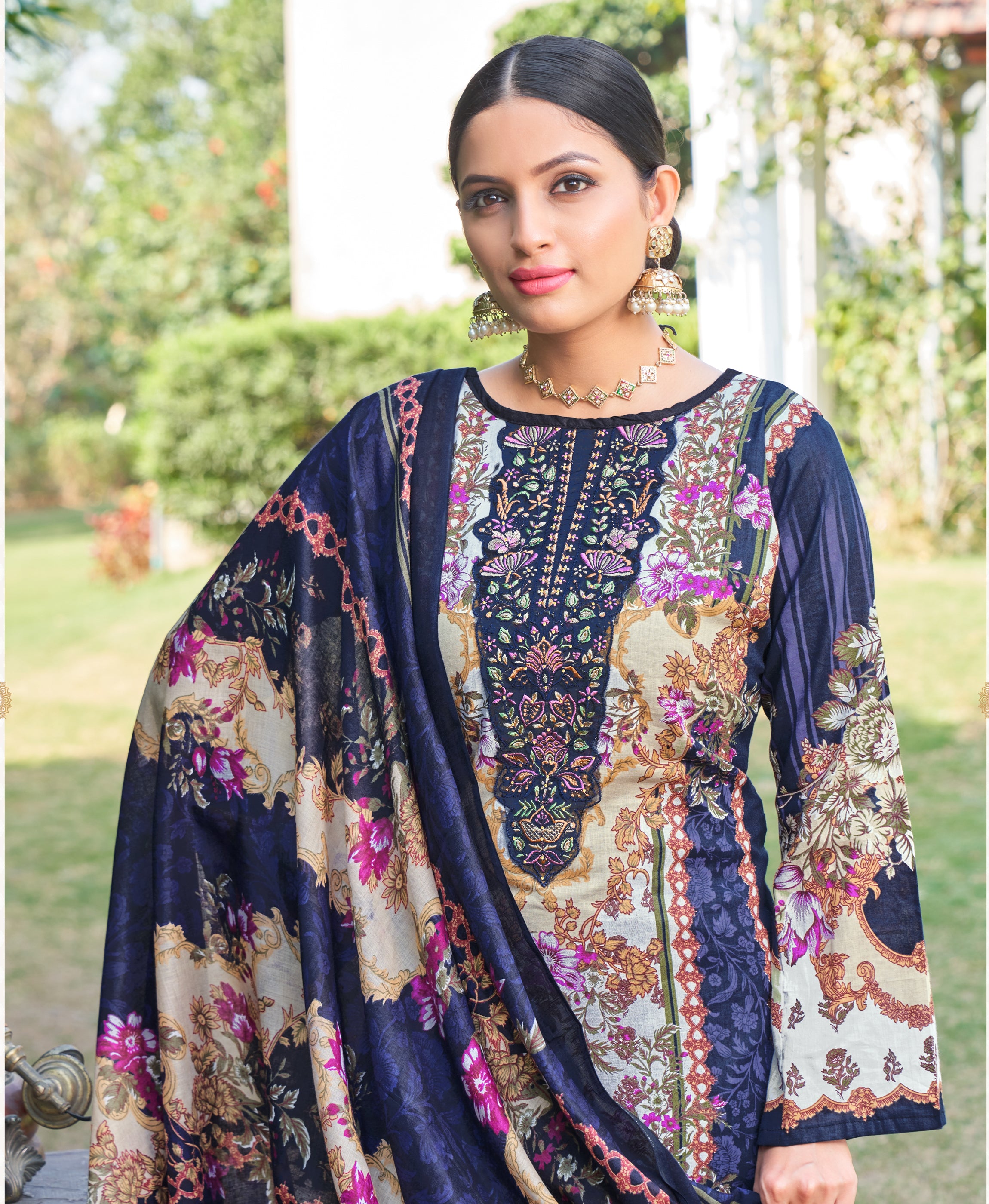 Her Couture Women's Navy Blue Cotton Ethnic Motifs Embroidered Pakistani Style Kurta With Pant & Dupatta