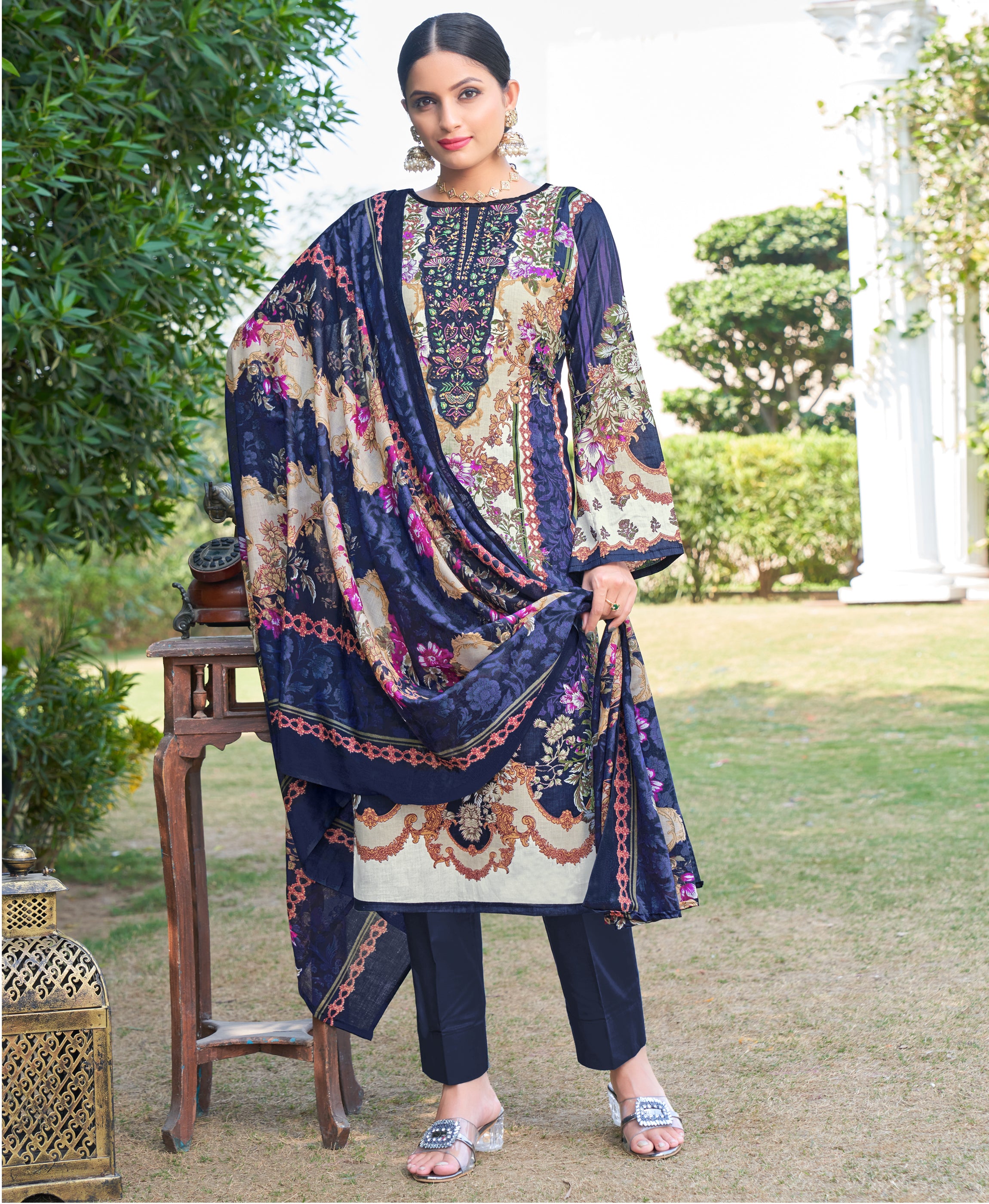 Navy Blue Cotton Pakistani Style Party Kurta Set by Her Couture