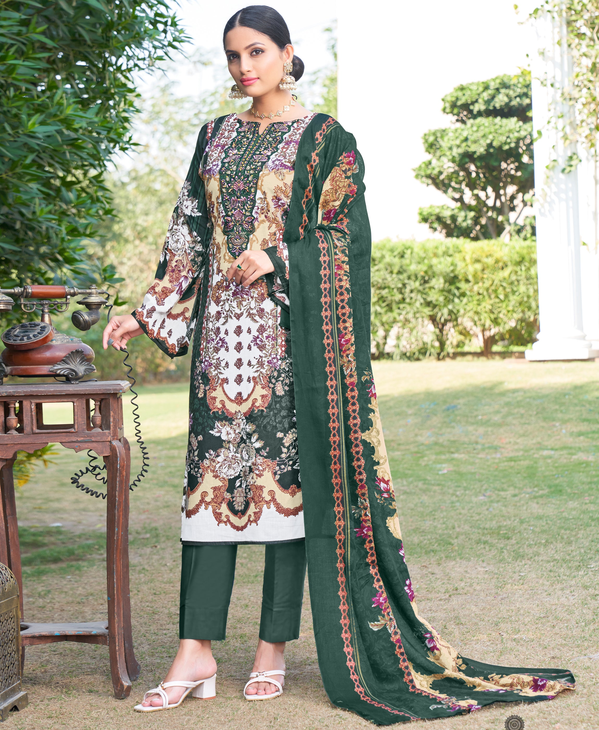Dark Green Cotton Pakistani Style Party Kurta Set by Her Couture