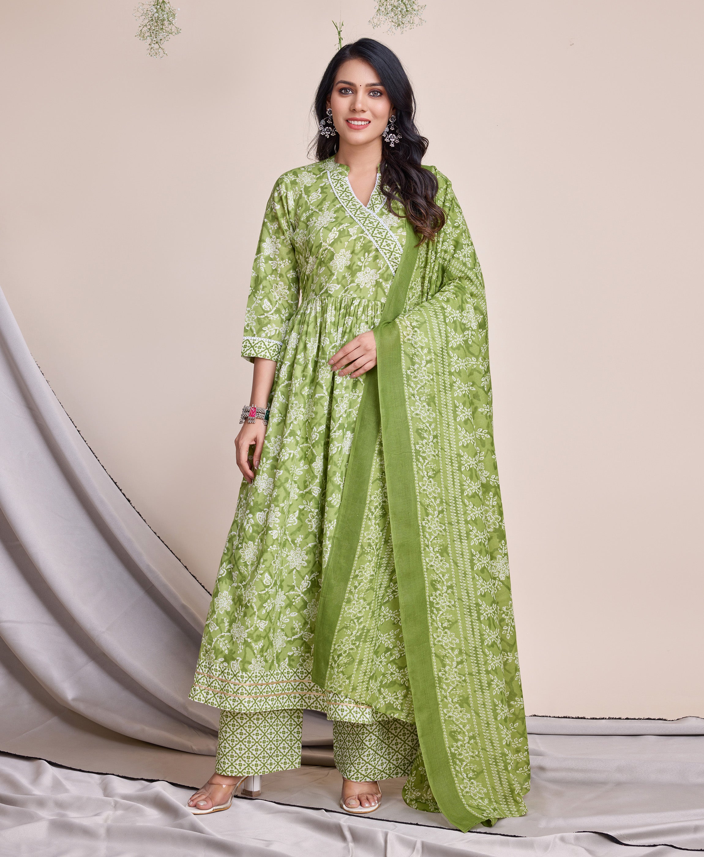 Light Green Cotton Angrakha Casual Kurta Set by Her Couture