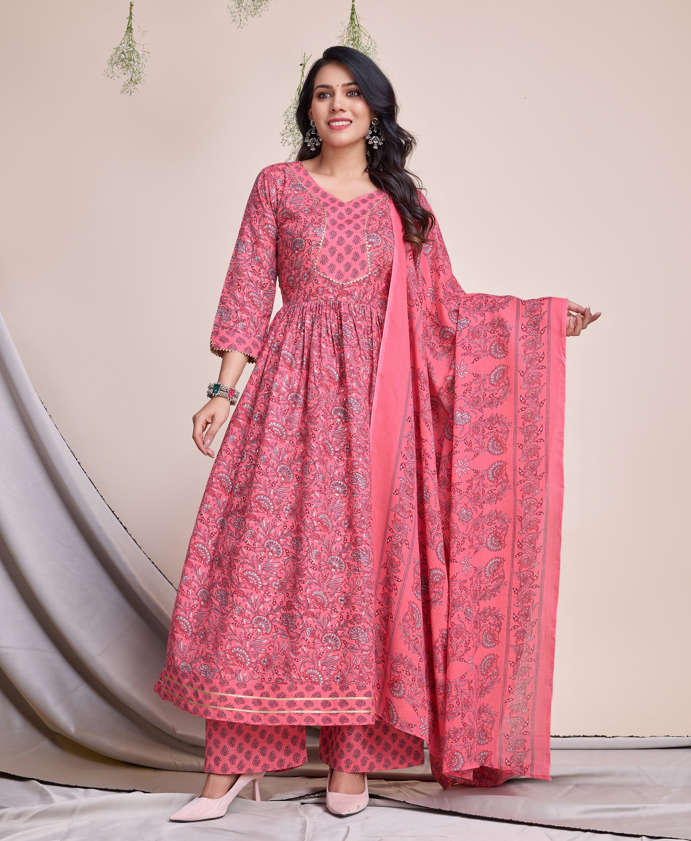 Pink Cotton Flared Casual Kurta Set by Her Couture