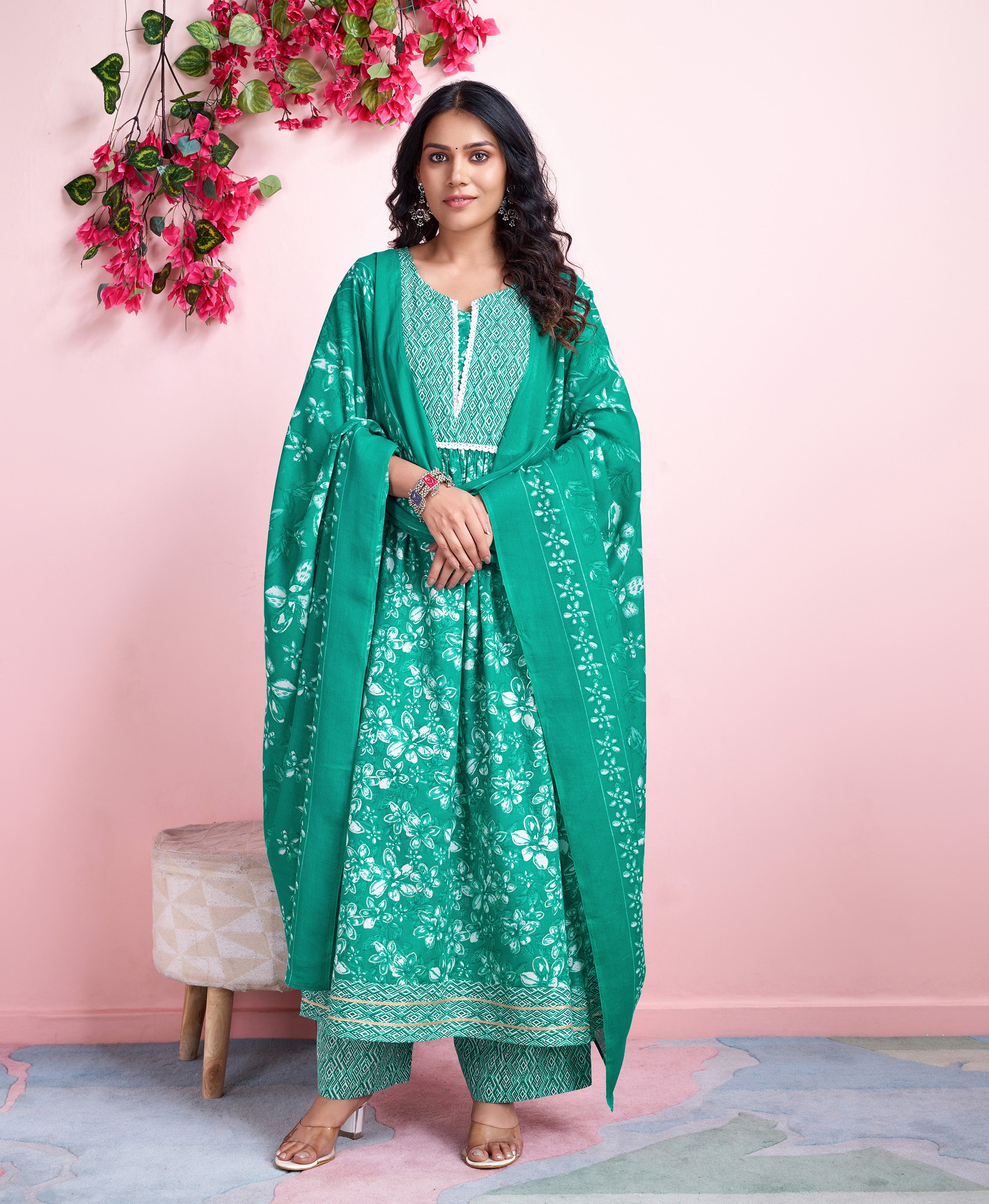 Sea Green Cotton Flared Casual Kurta Set by Her Couture