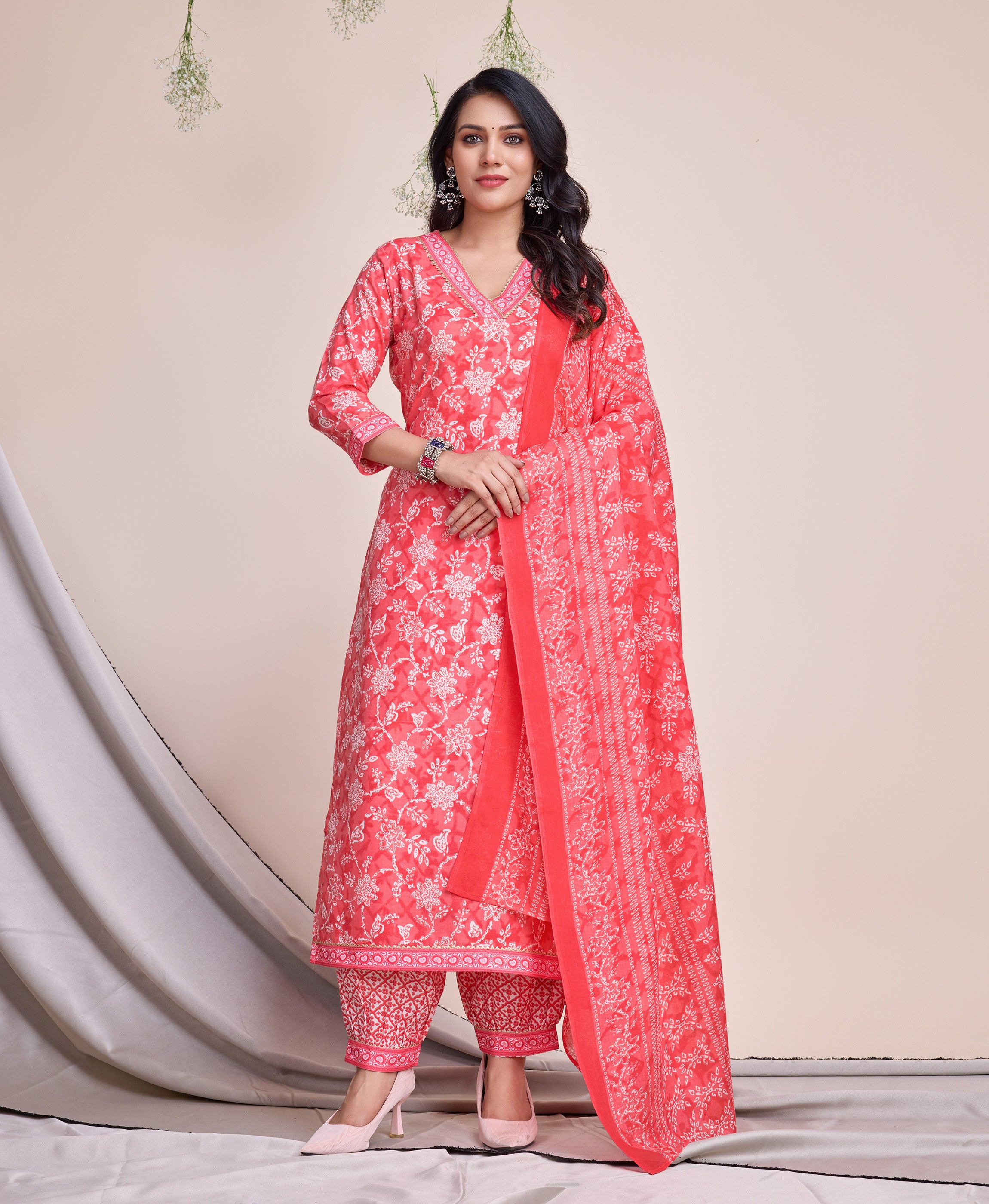 Peach Red Cotton Straight Casual Kurta Set by Her Couture