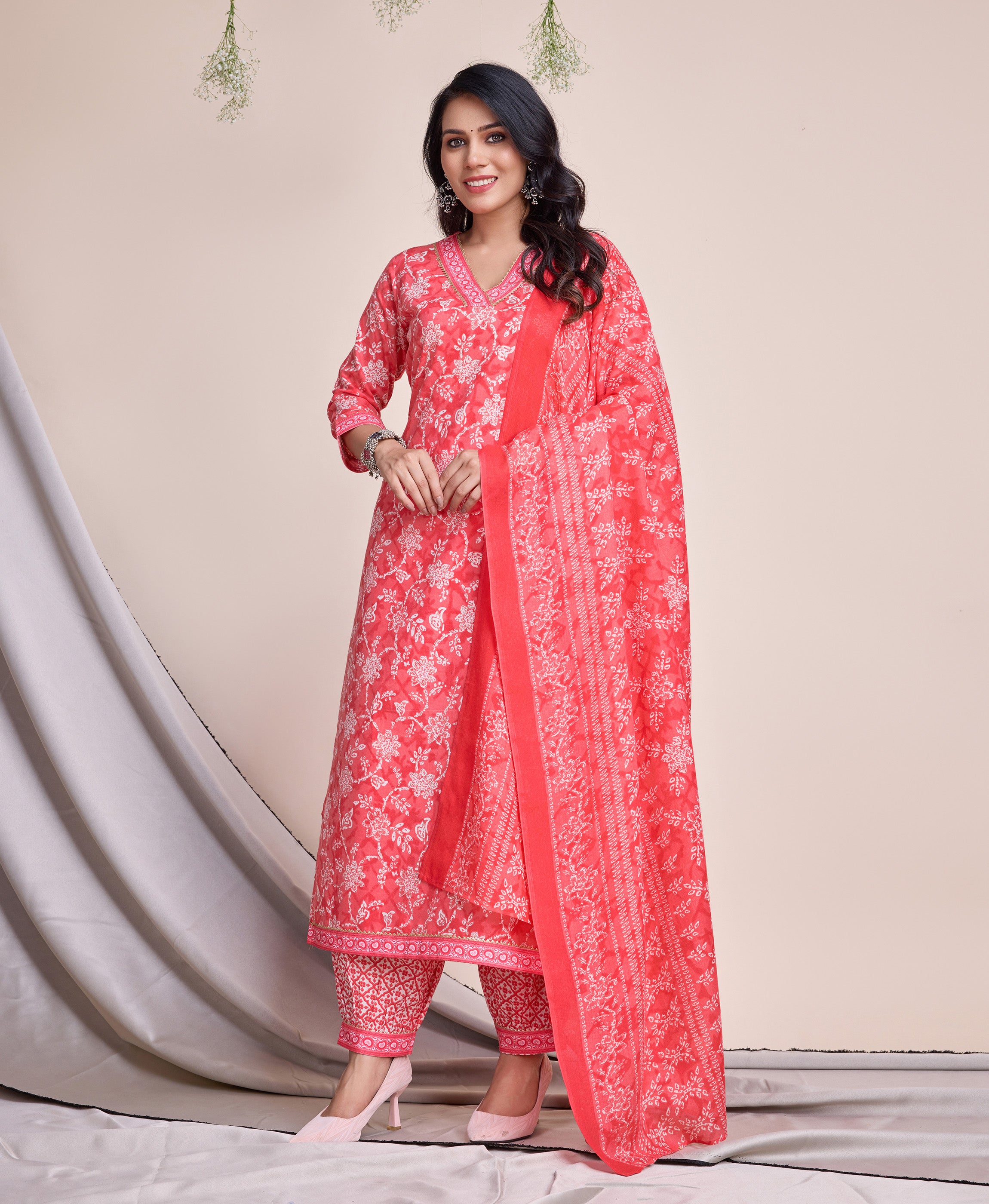 Her Couture Women's Peach Red Cotton Bagh Gota Patti Straight Kurta With Afghani Salwar & Dupatta