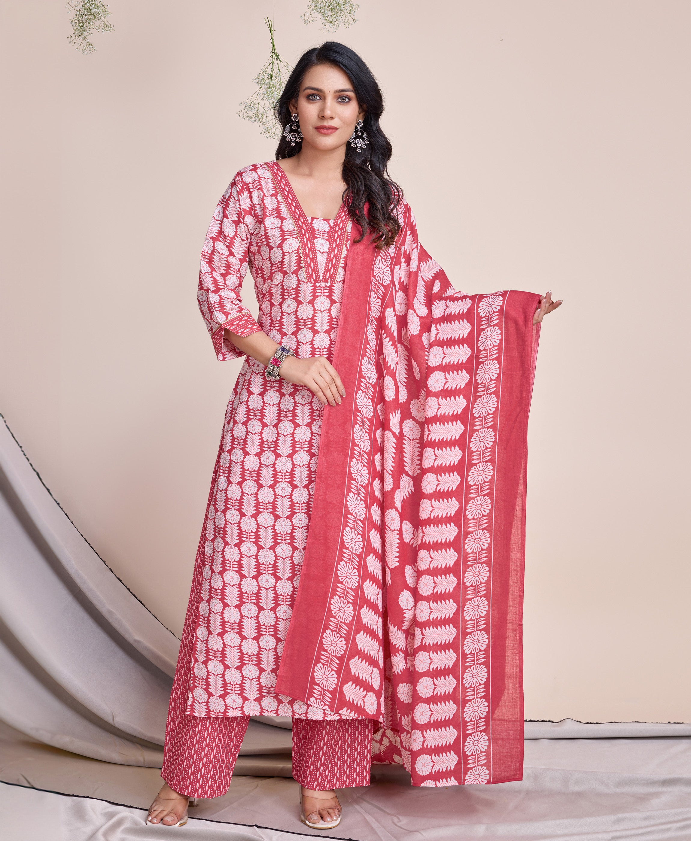 Coral Cotton Straight Casual Kurta Set by Her Couture