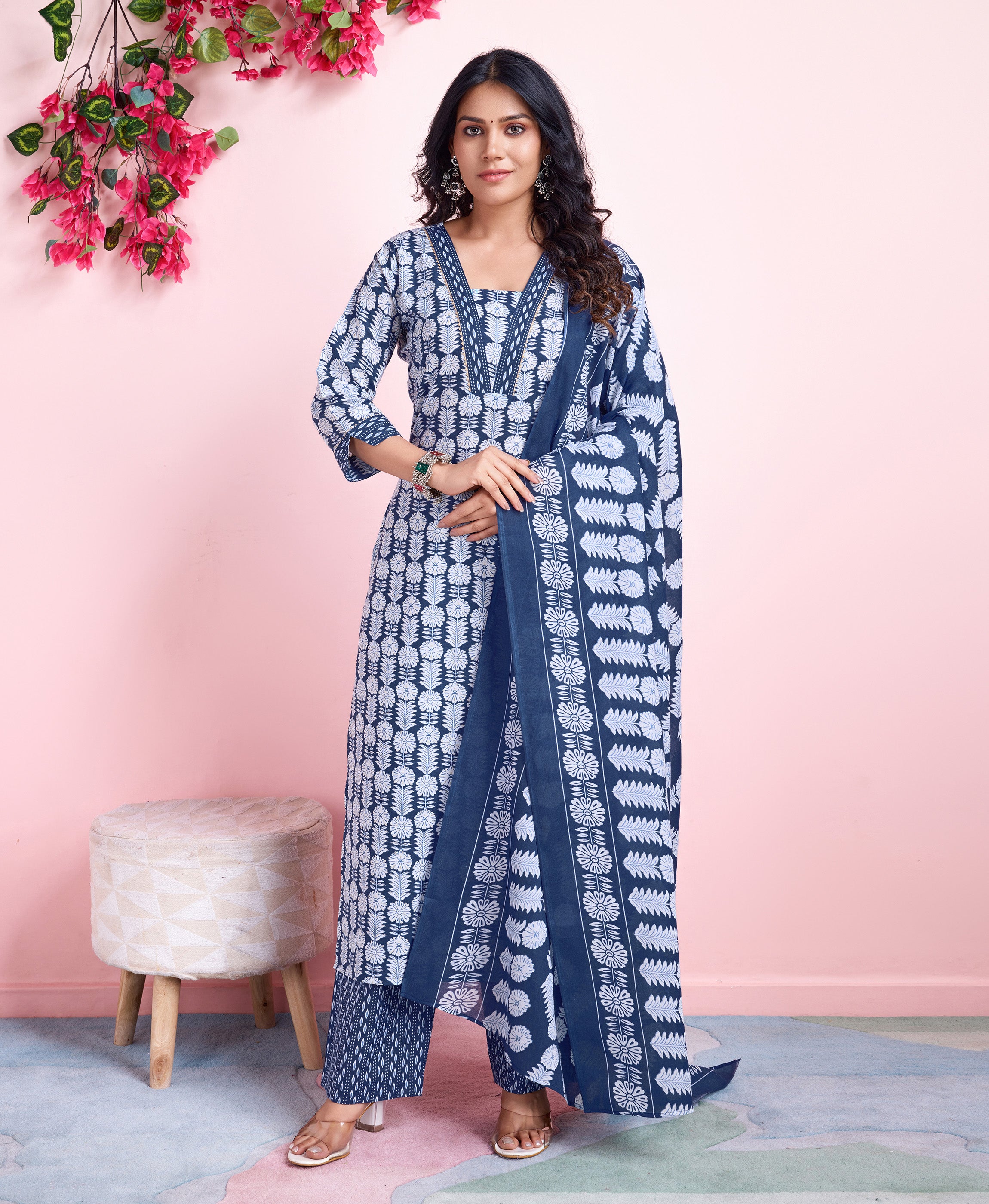 Indigo Blue Cotton Straight Casual Kurta Set by Her Couture