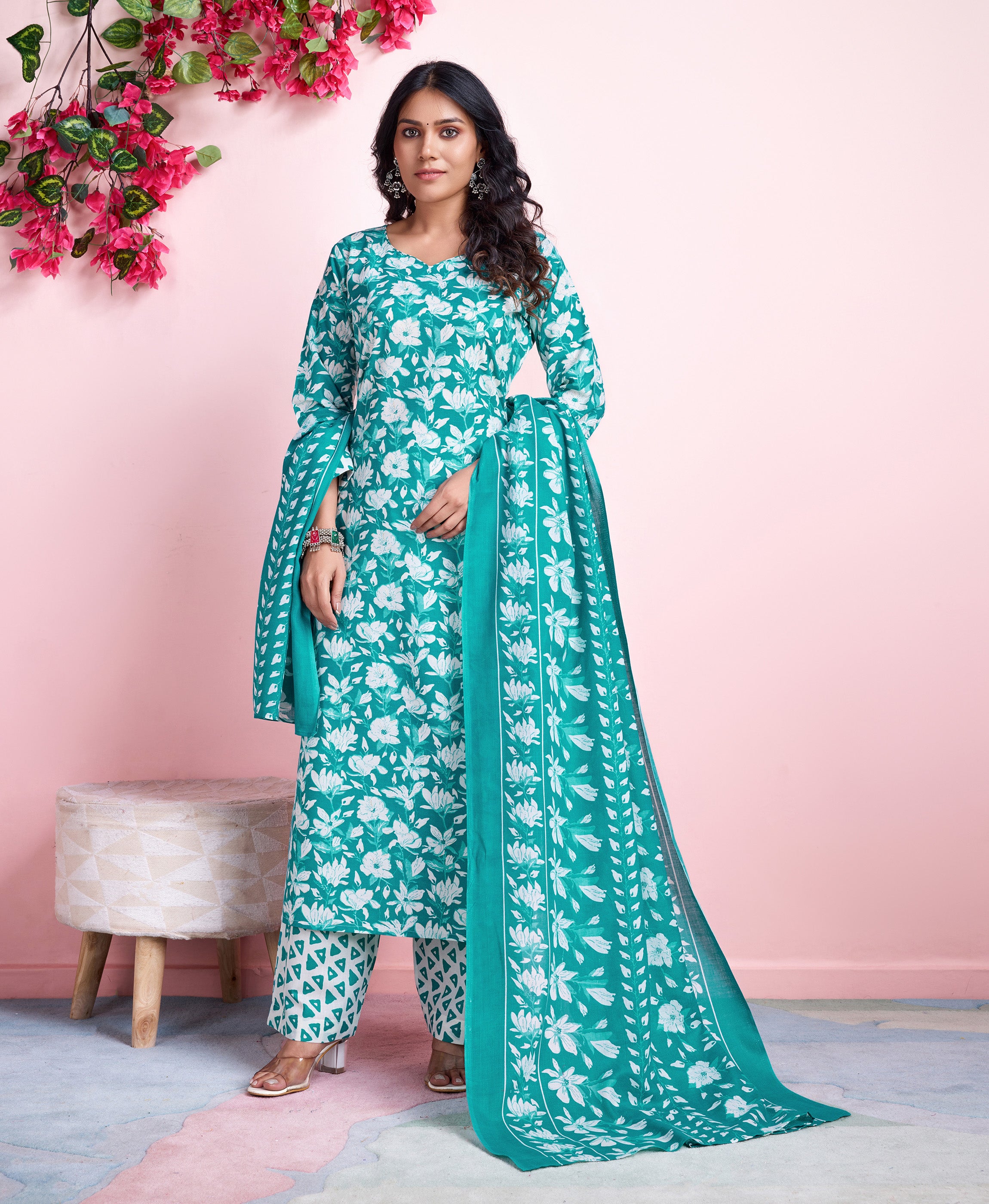 Sea Green Cotton Straight Casual Kurta Set by Her Couture
