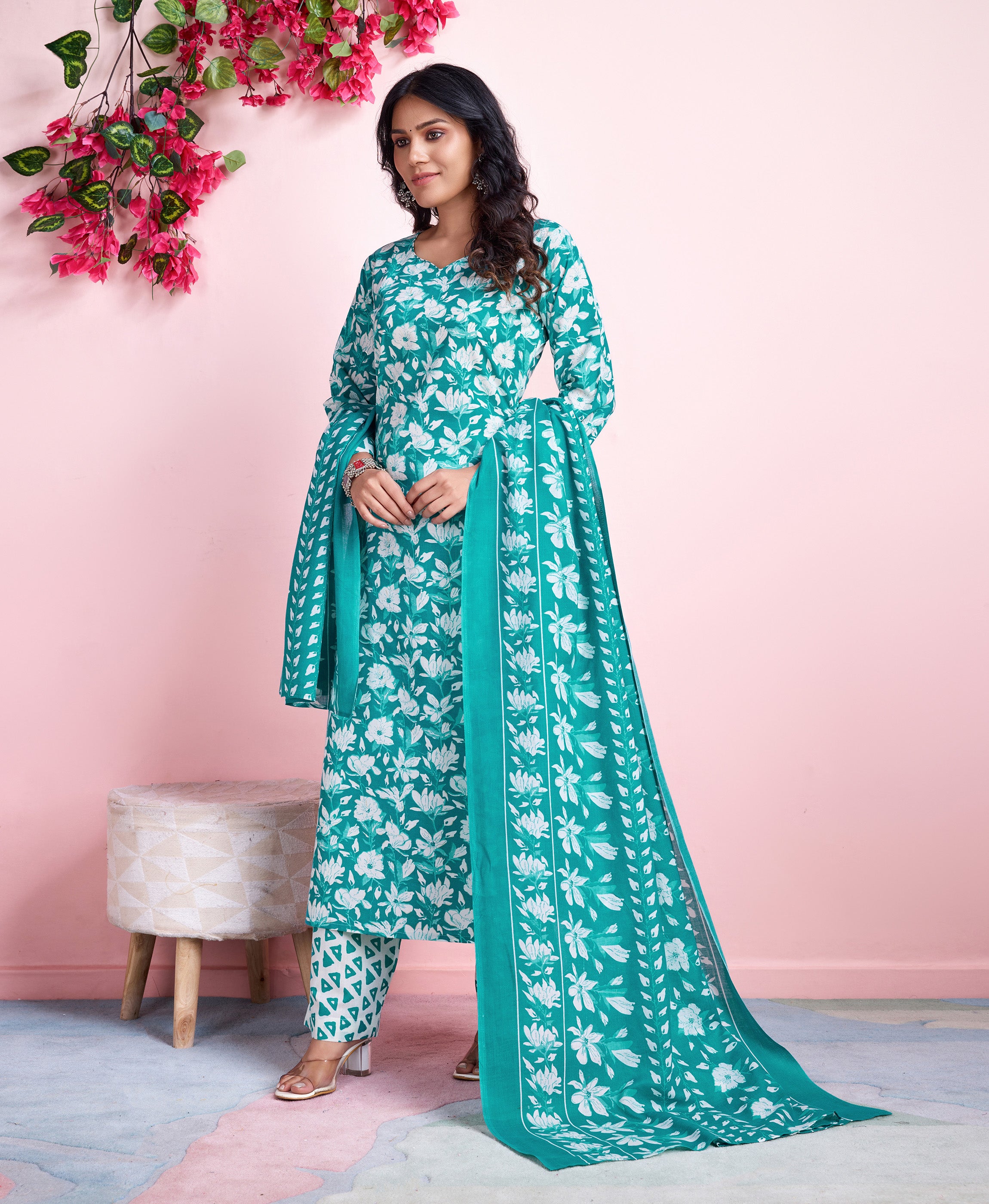 Her Couture Women's Sea Green Cotton Floral Block Print Straight Kurta With Palazzo & Dupatta