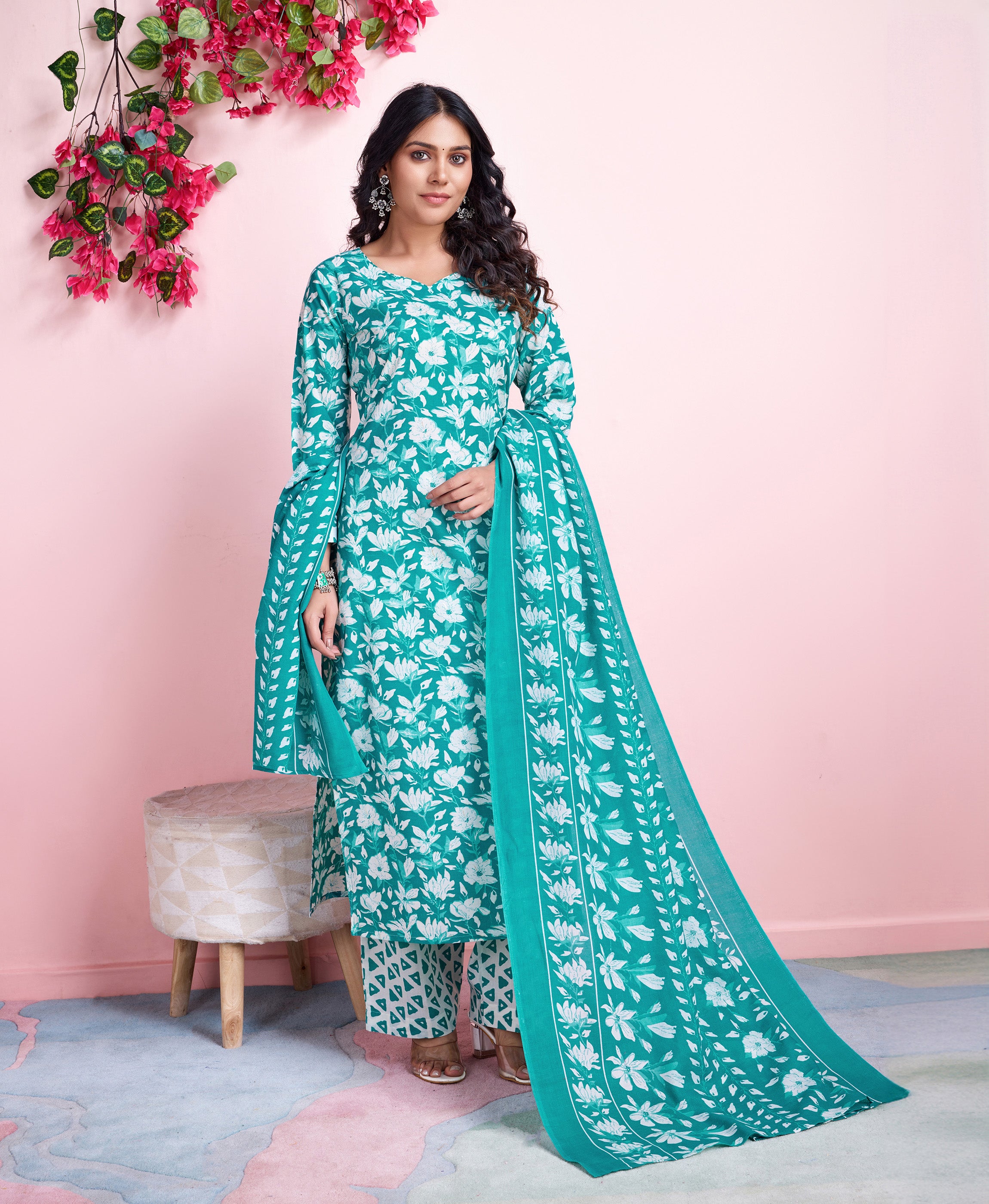 Her Couture Women's Sea Green Cotton Floral Block Print Straight Kurta With Palazzo & Dupatta