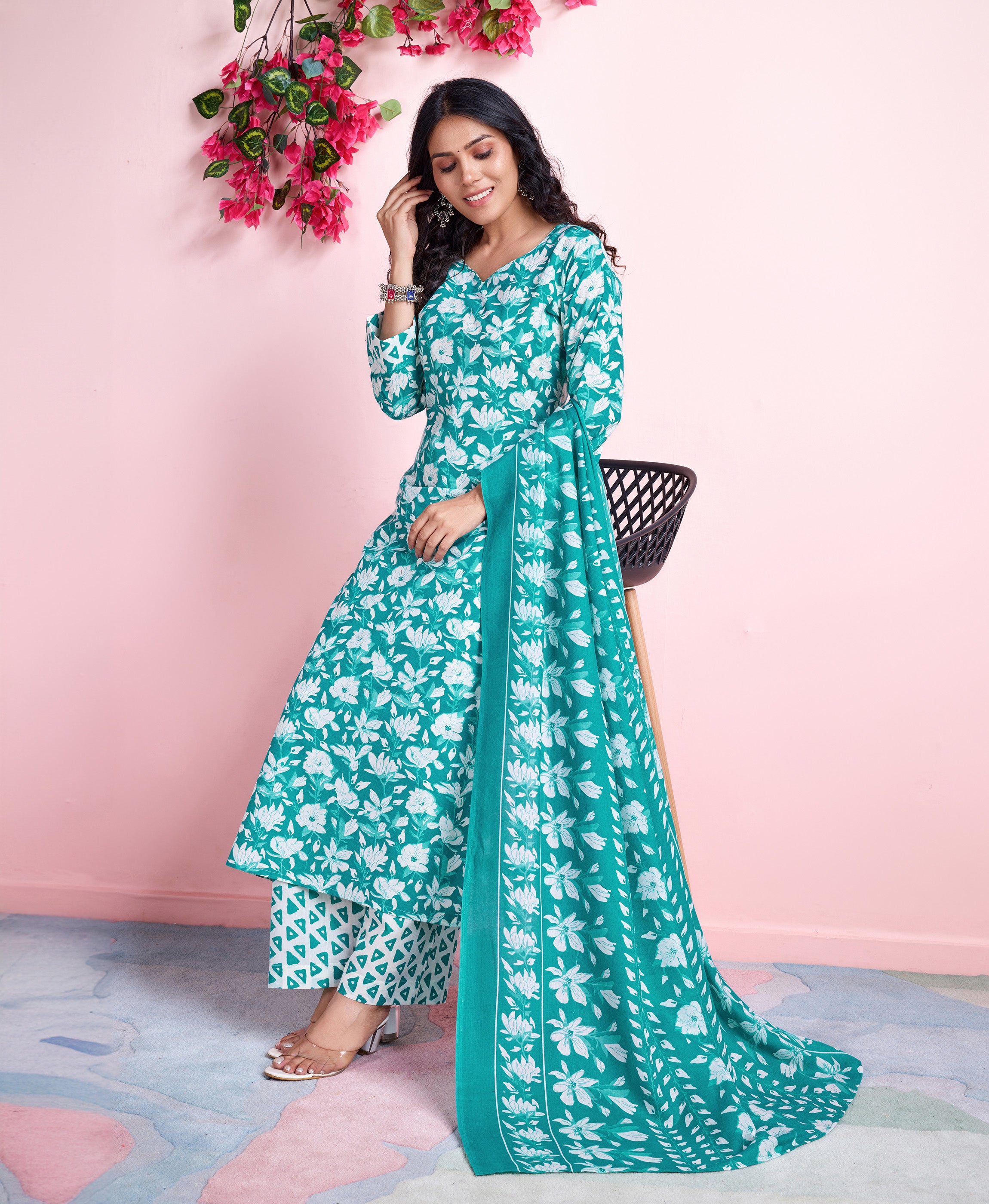 Her Couture Women's Sea Green Cotton Floral Block Print Straight Kurta With Palazzo & Dupatta