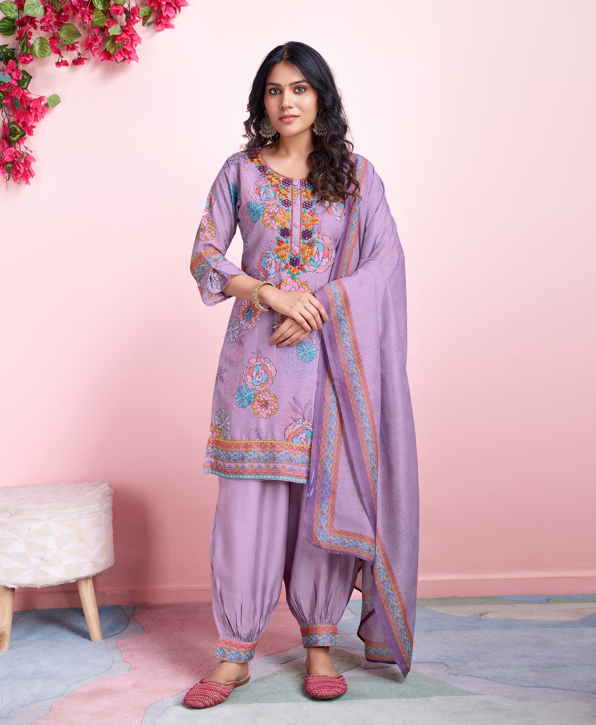 Lavender Muslin Silk Straight Party Kurta Set by Her Couture