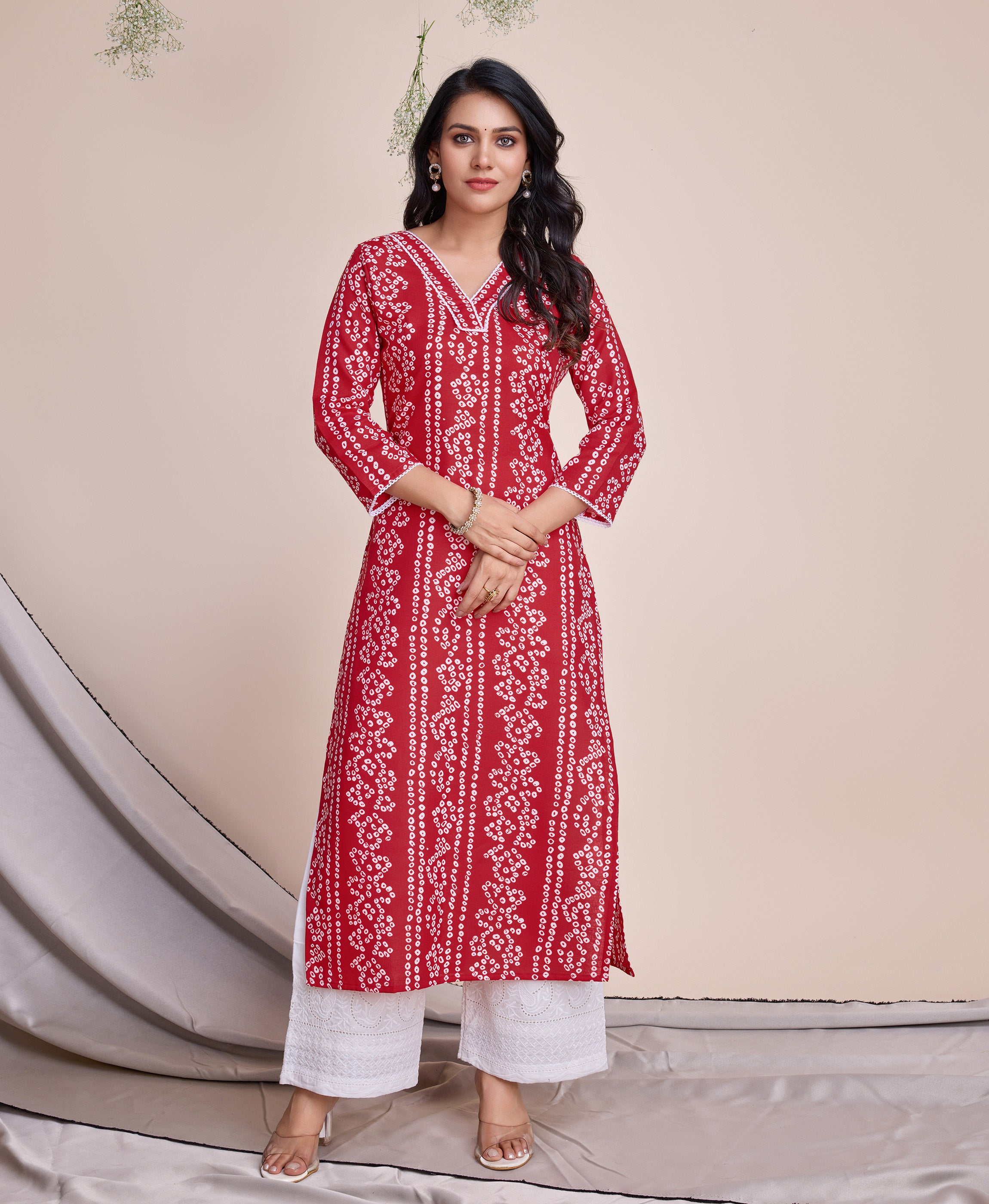 Her Couture Women's Red Linen Bandhani Straight Kurta