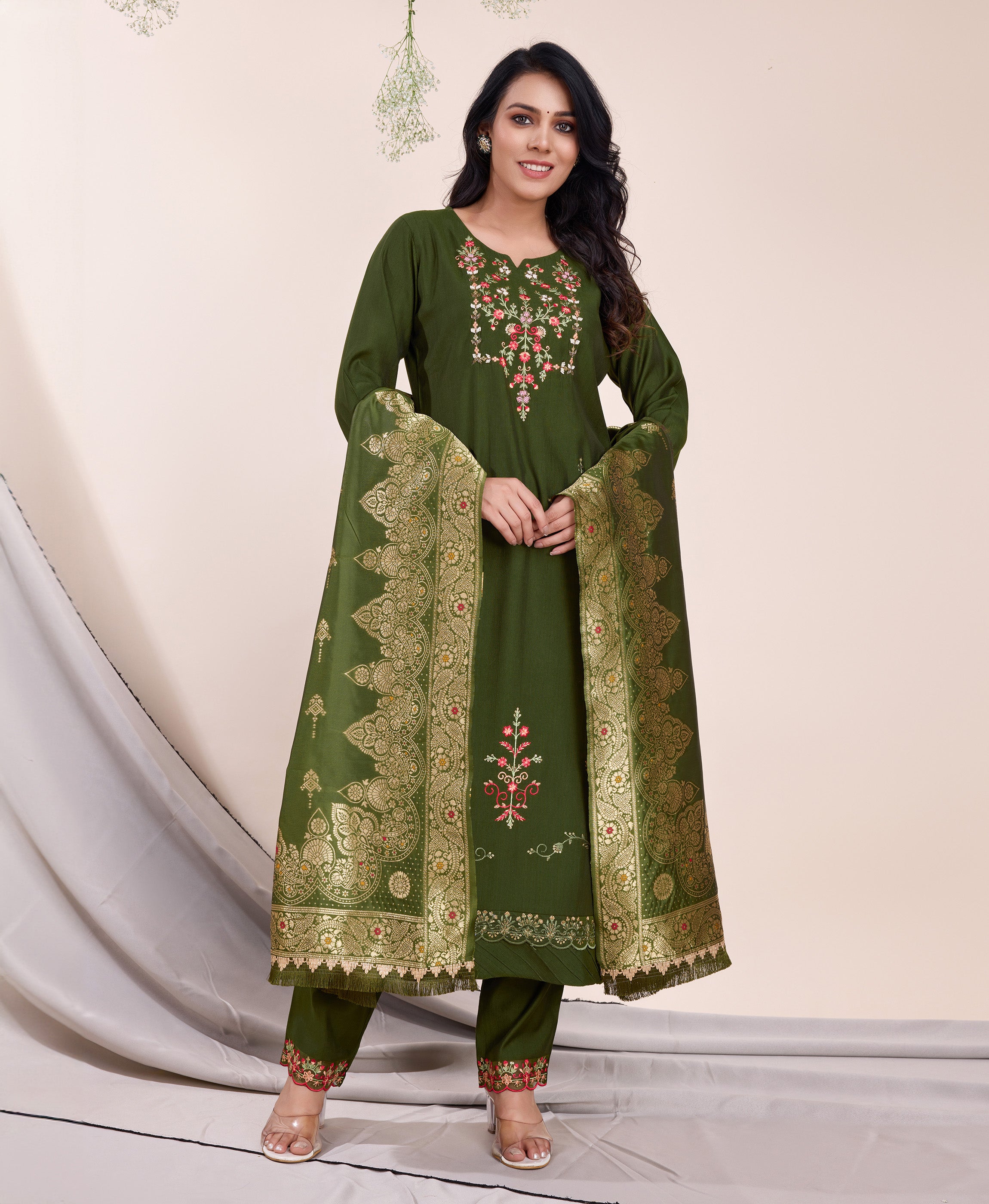 Green Viscose Silk Straight Festive & Party Kurta Set by Her Couture