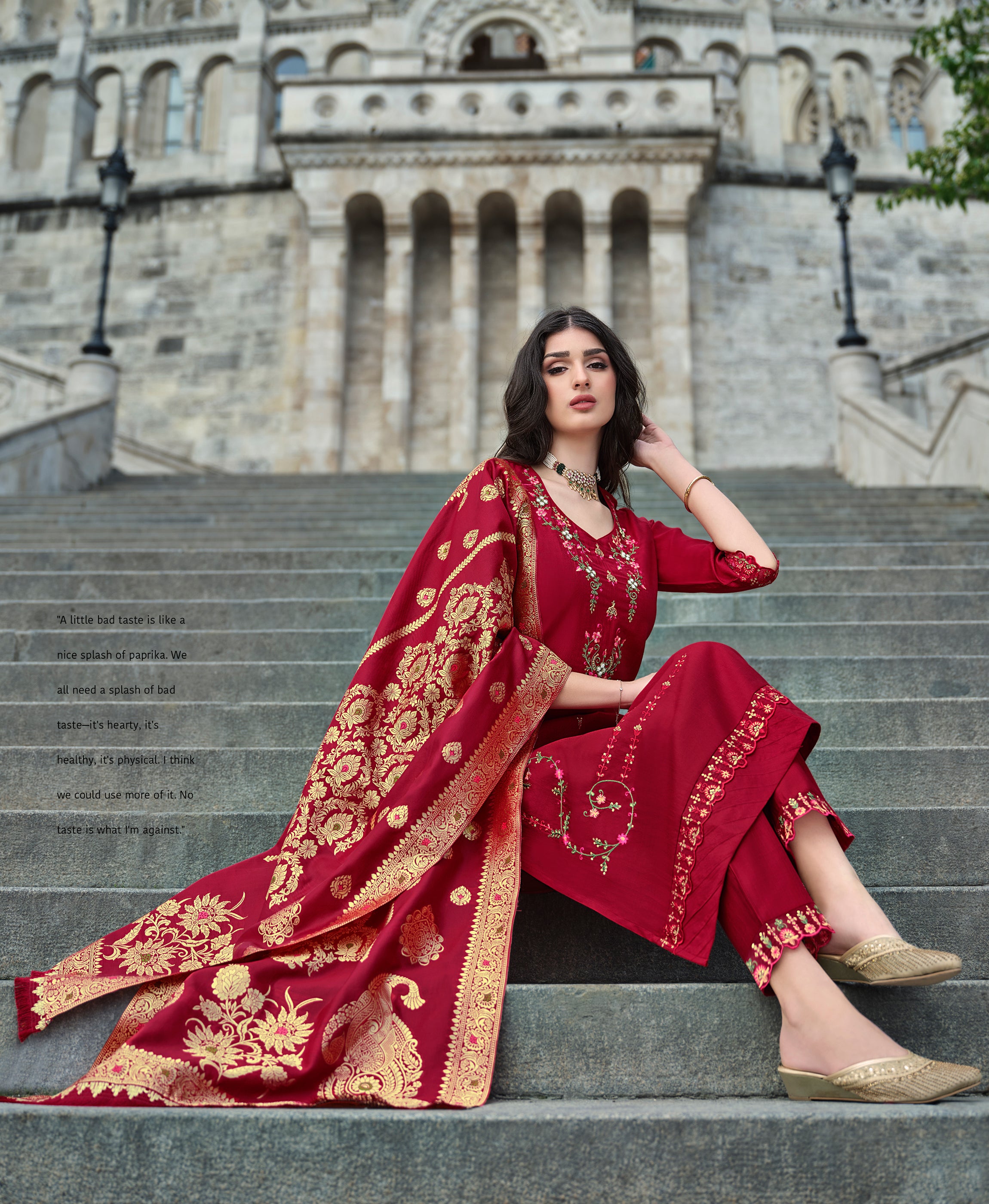 Red Viscose Silk Straight Festive & Party Kurta Set by Her Couture