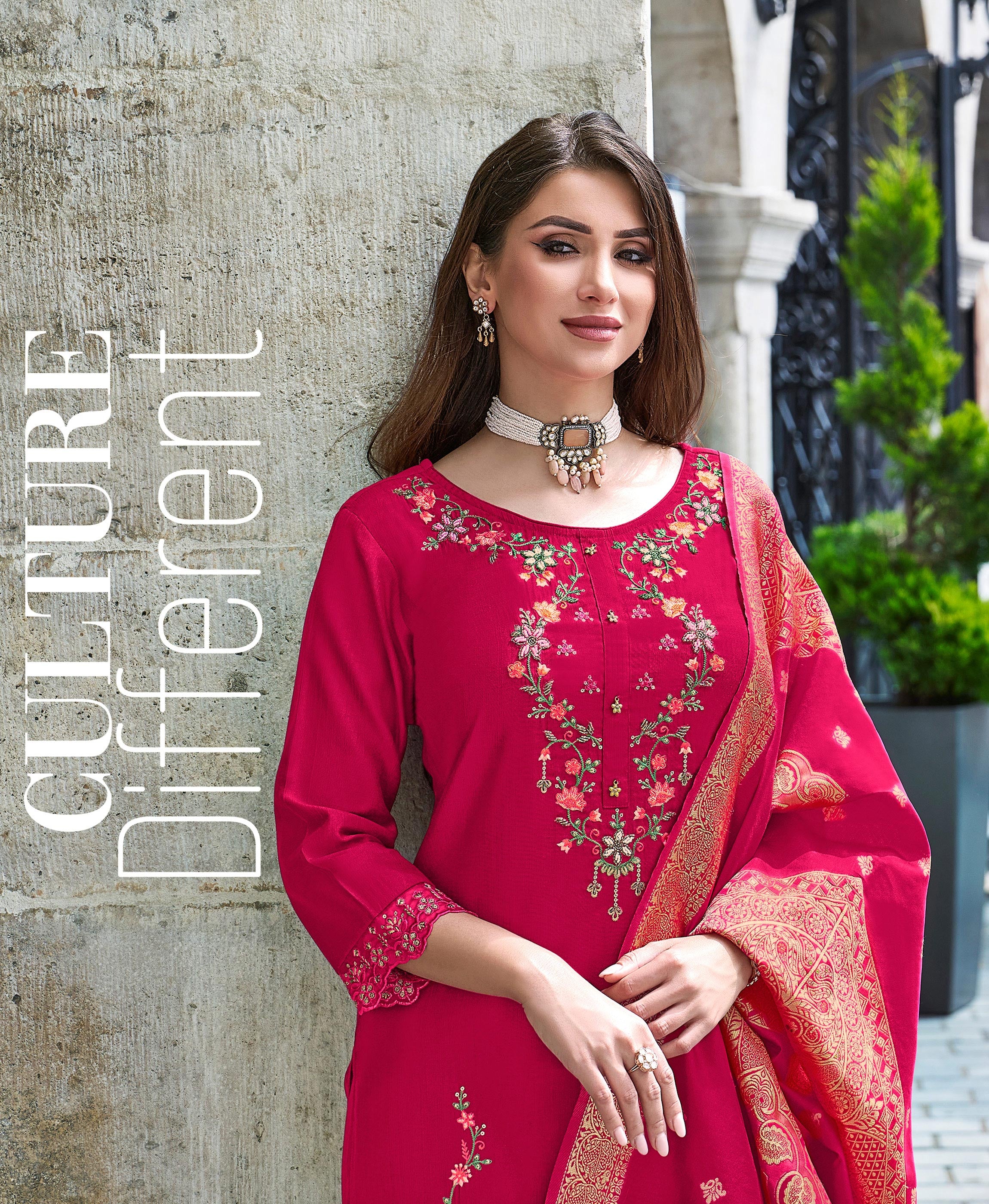 Her Couture Women's Pink Viscose Silk Floral Embroidered Straight Kurta With Pant & Jacquard Dupatta