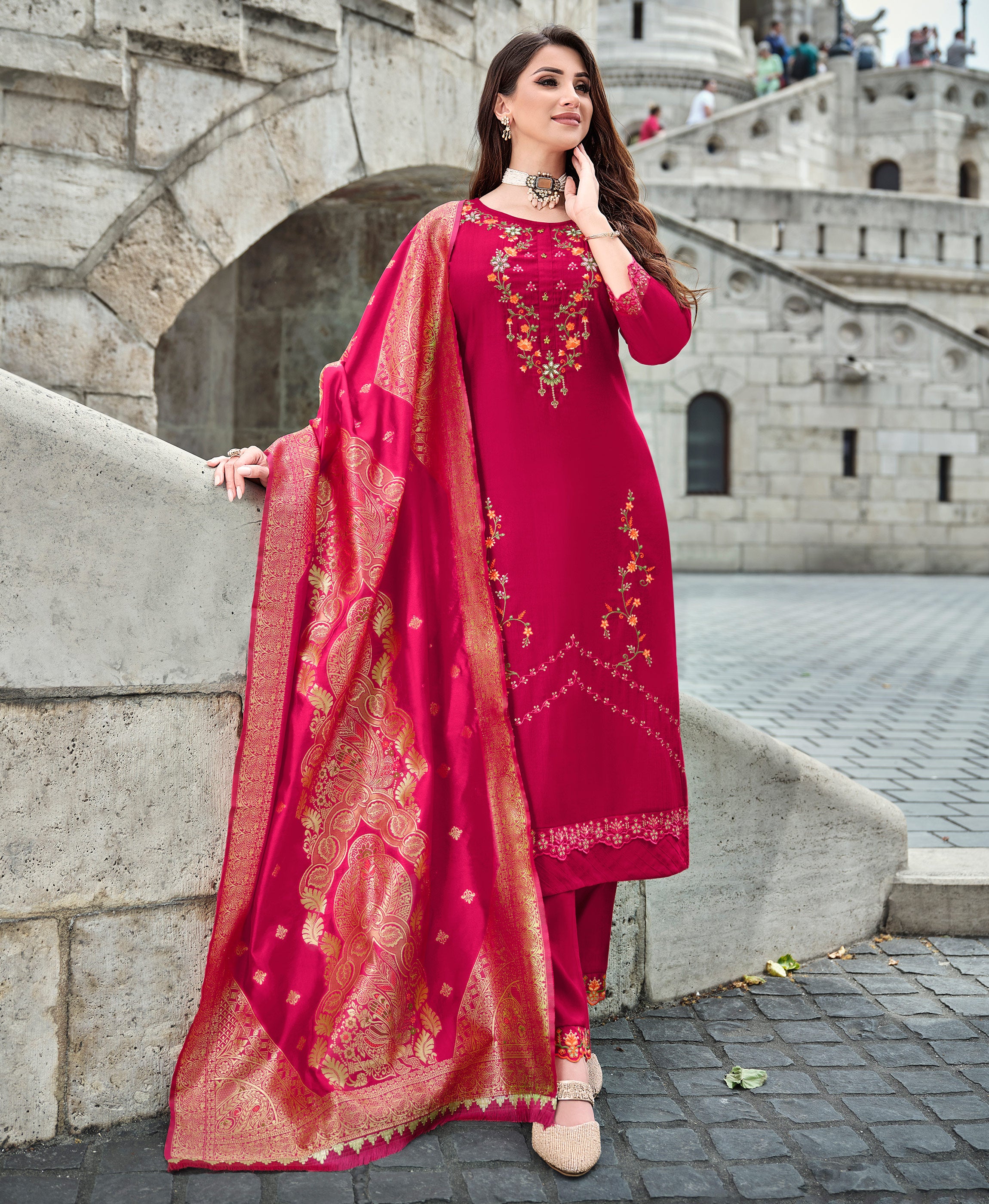 Pink Viscose Silk Straight Festive & Party Kurta Set by Her Couture