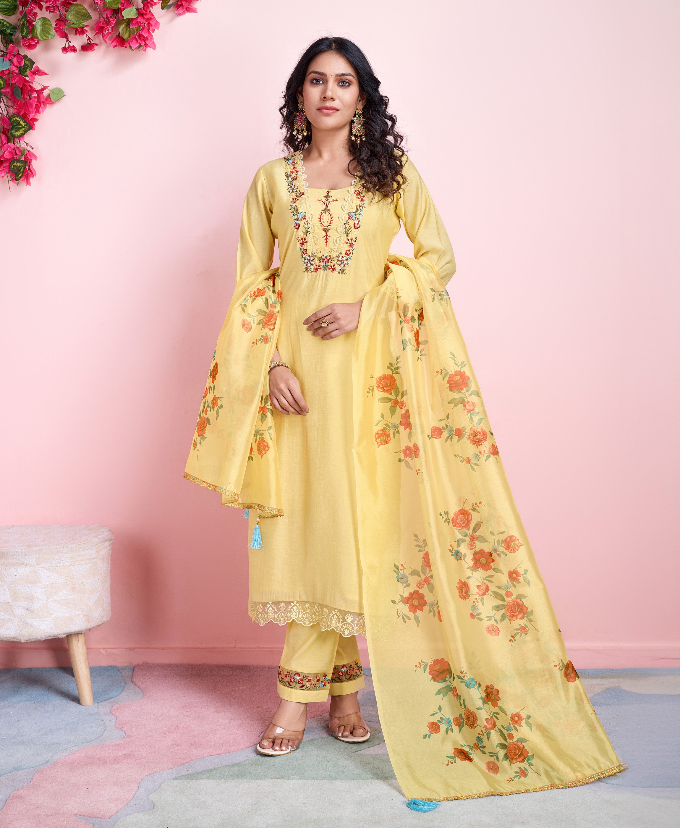 Yellow Viscose Silk Straight Festive & Party Kurta Set by Her Couture