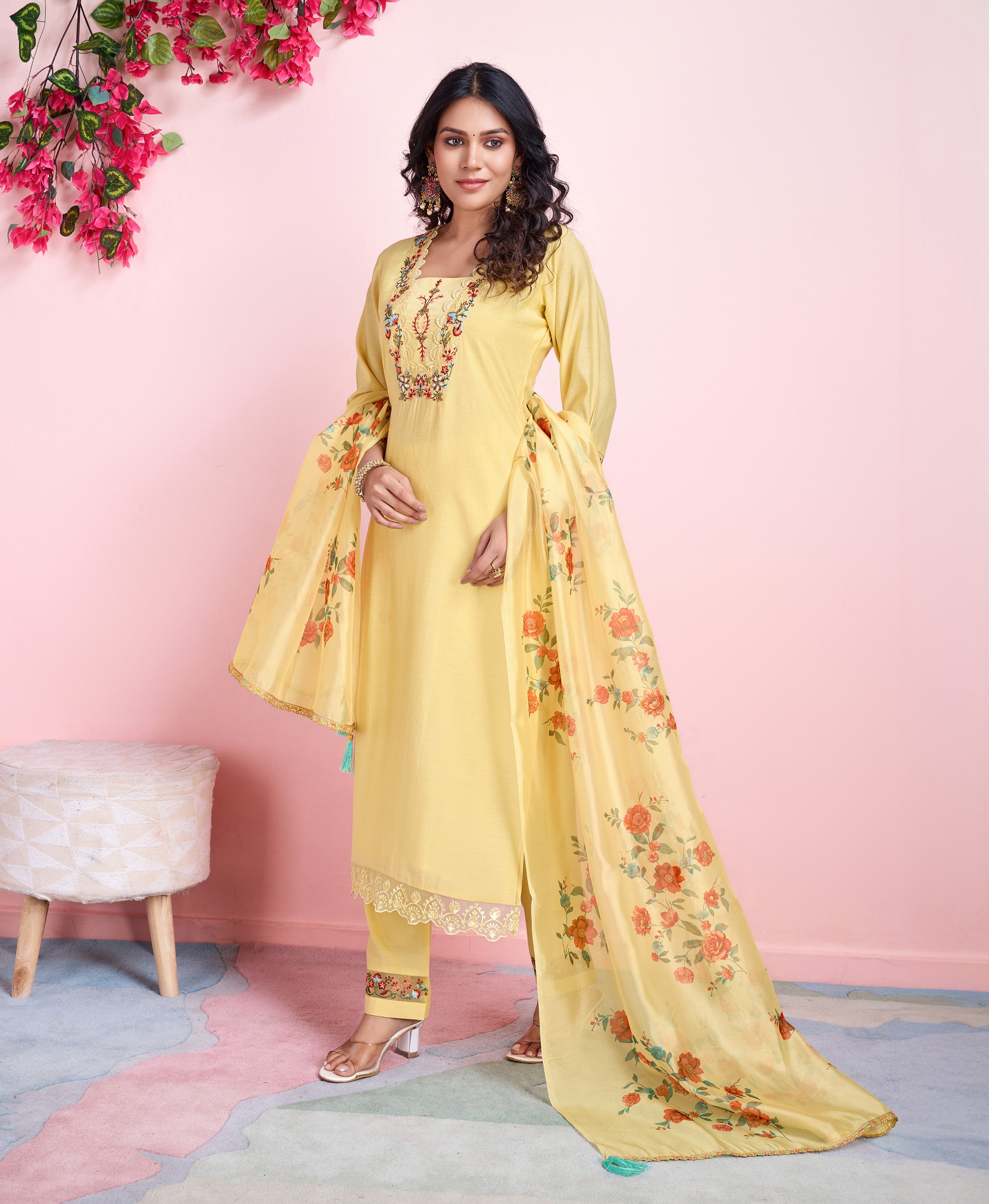 Her Couture Women's Yellow Viscose Silk Floral Embroidered Straight Kurta With Pant & Dupatta