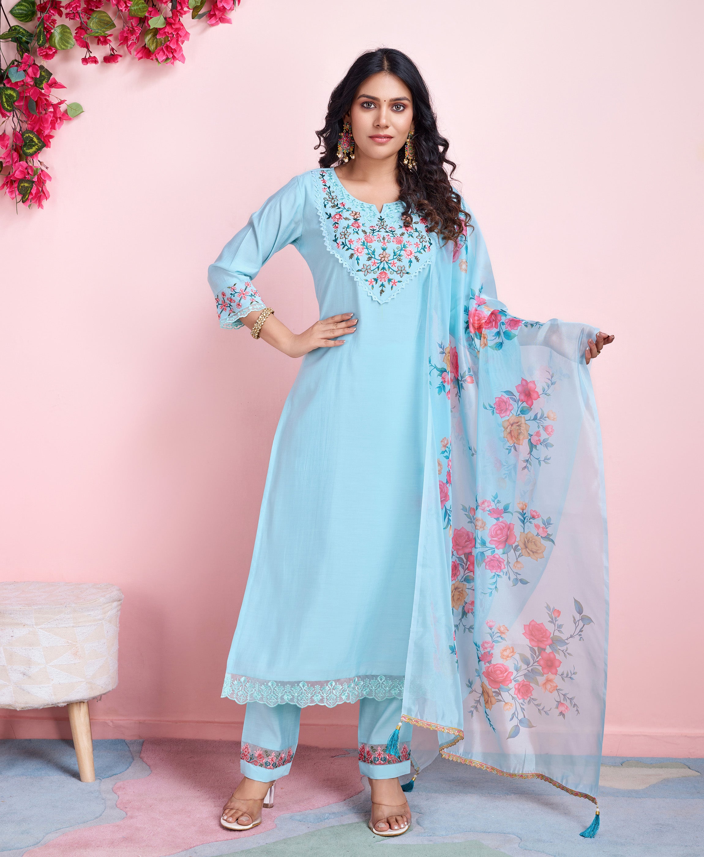 Sky Blue Viscose Silk Straight Festive & Party Kurta Set by Her Couture