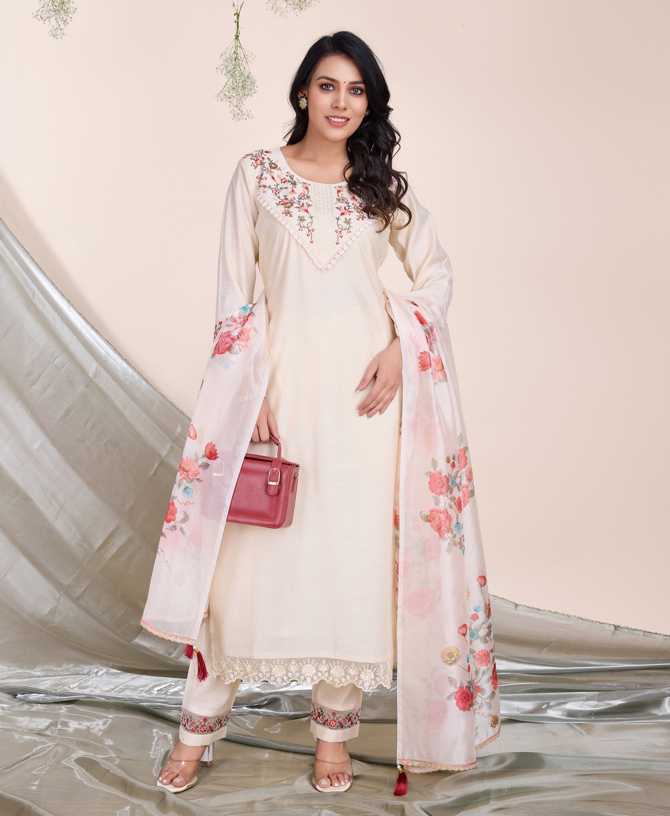 Her Couture Women's Cream Viscose Silk Floral Embroidered Straight Kurta With Pant & Dupatta