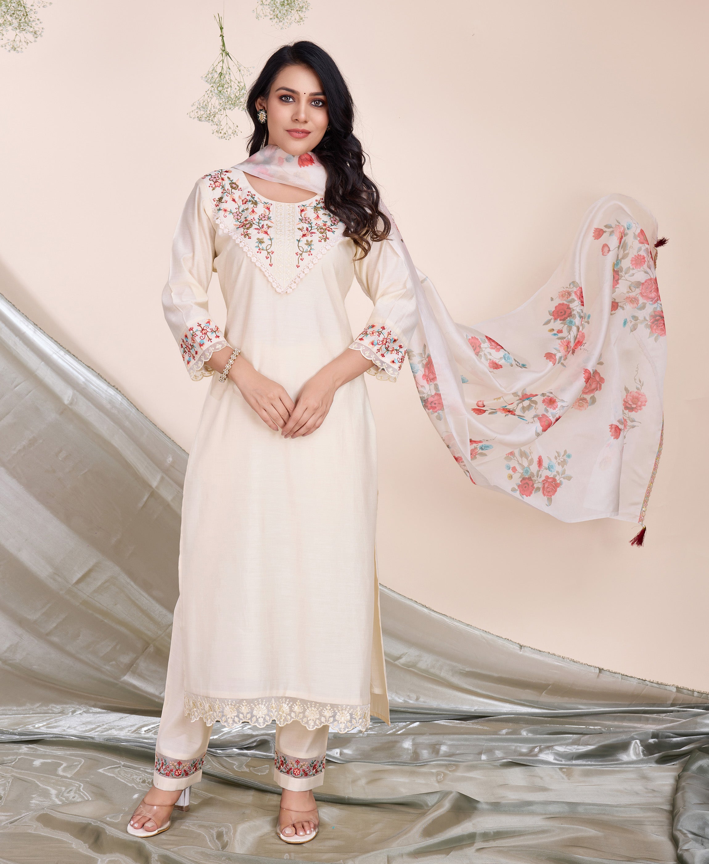Cream Viscose Silk Straight Festive & Party Kurta Set by Her Couture