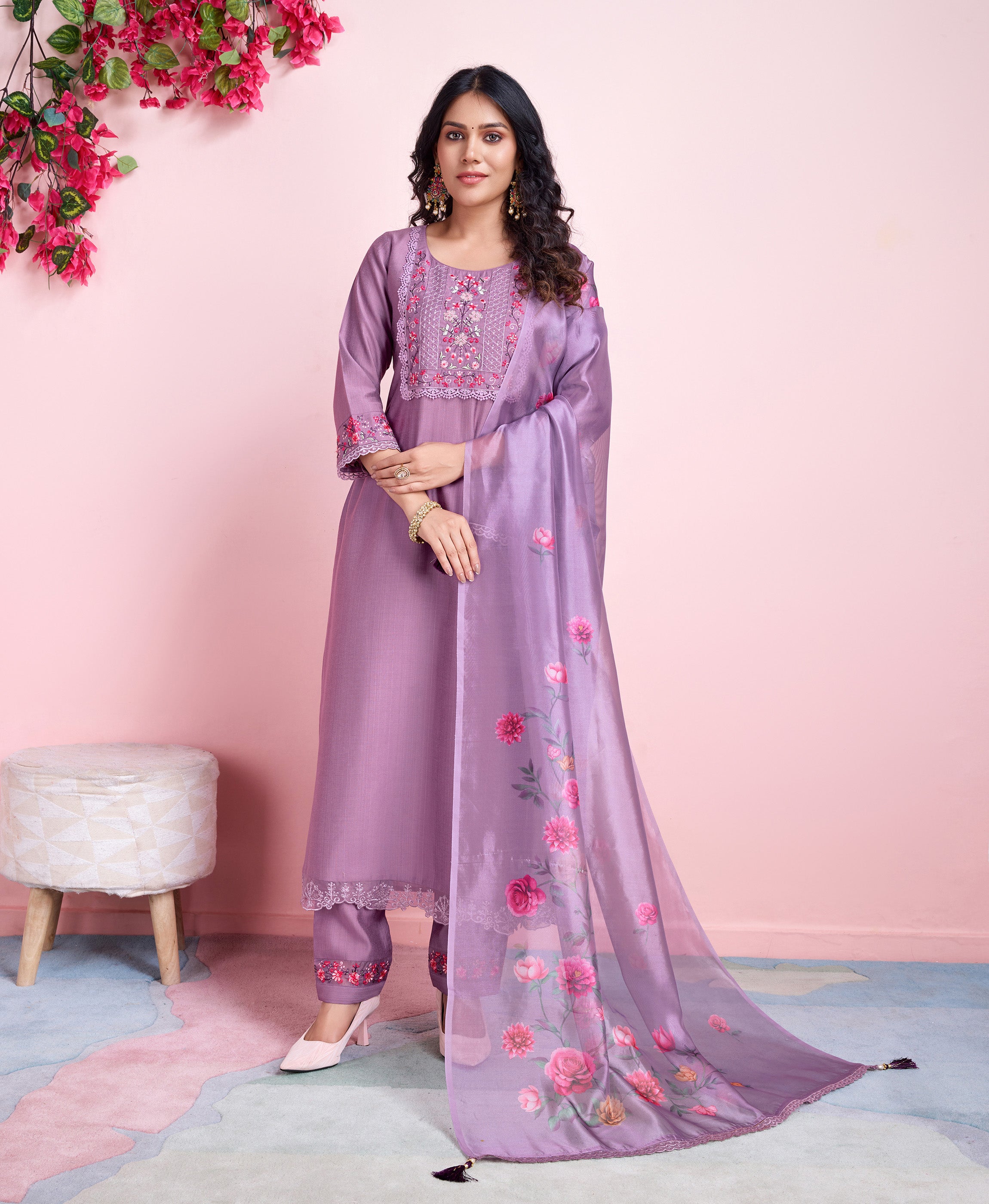 Lavender Viscose Silk Straight Festive & Party Kurta Set by Her Couture