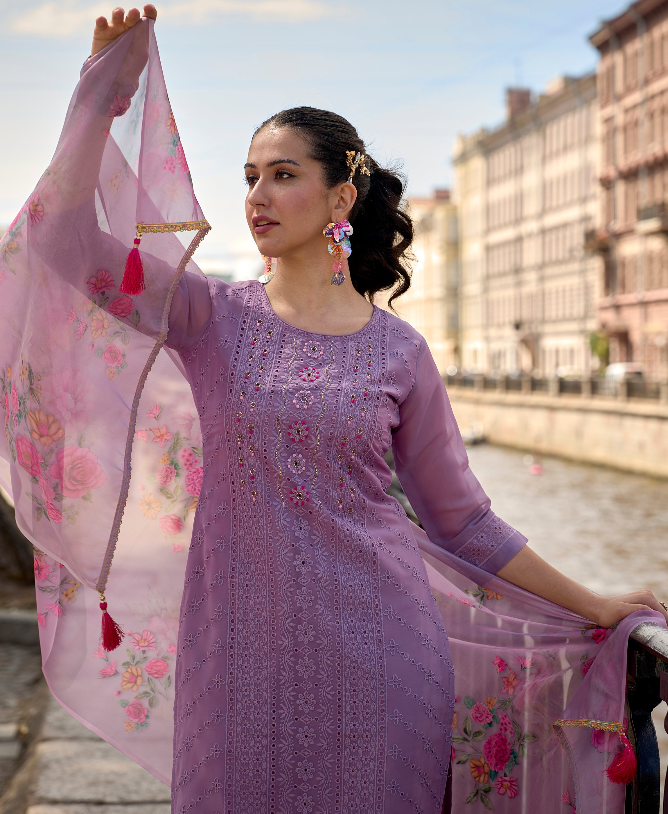 Lavender Organza Straight Festive & Party Kurta Set by Her Couture