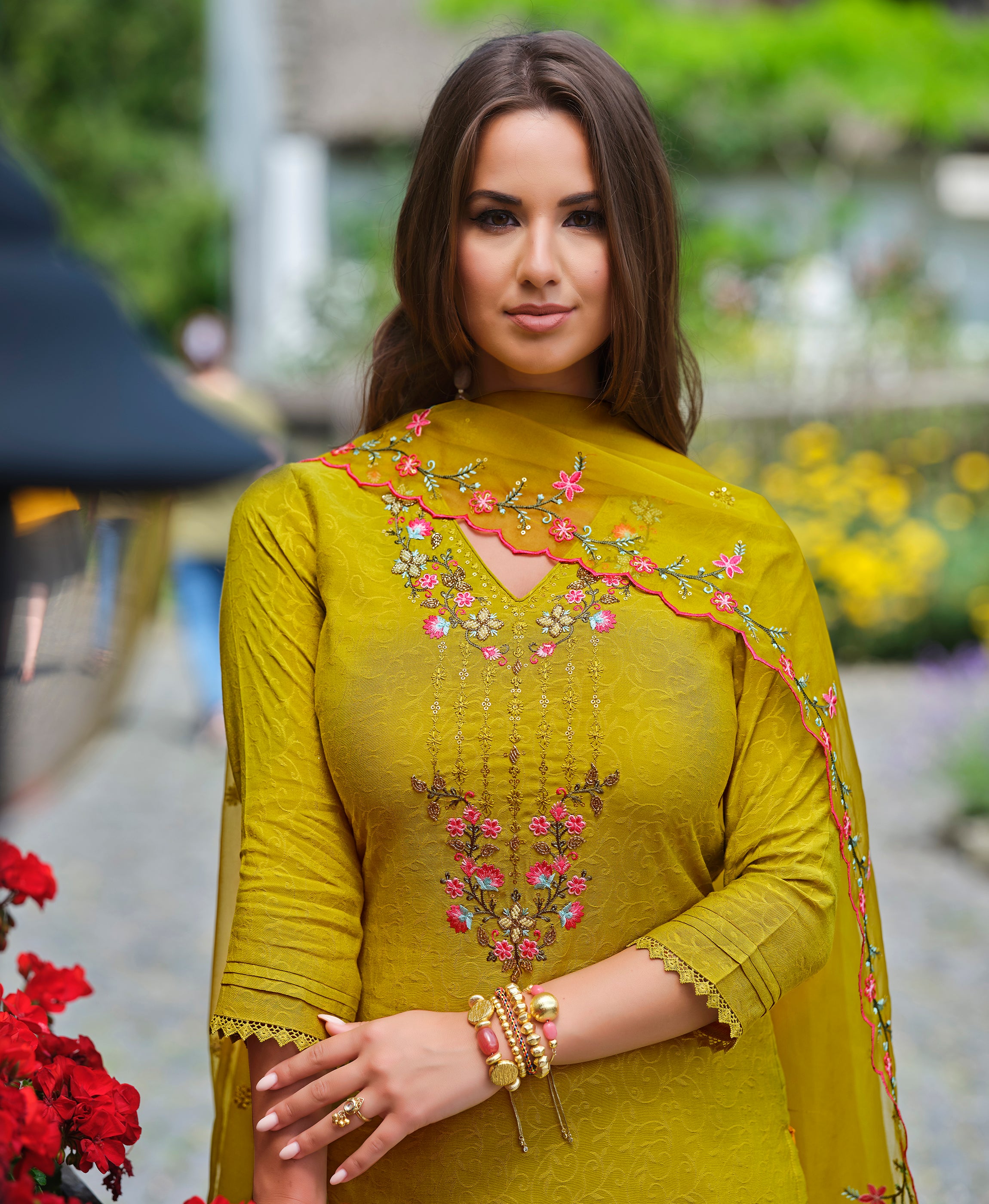 Lime Green Viscose Straight Festive & Party Kurta Set by Her Couture