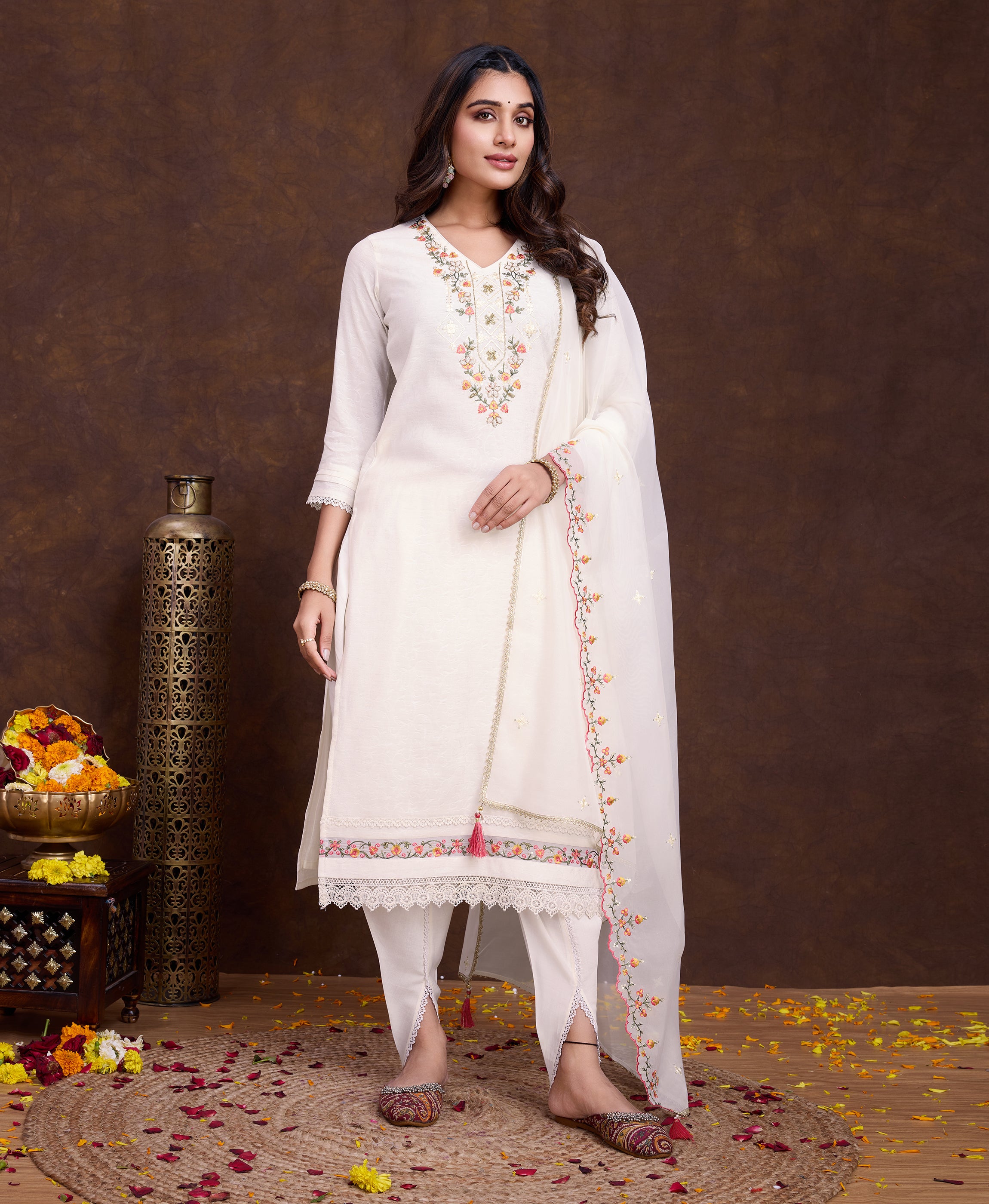 Off-White Viscose Straight Festive & Party Kurta Set by Her Couture