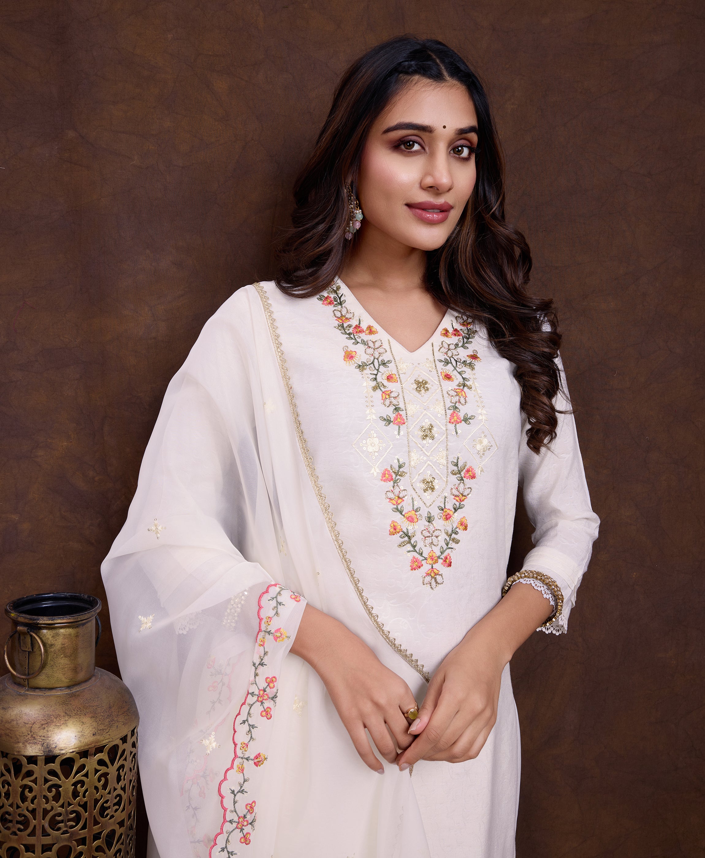 Her Couture Women's Off-White Viscose Embroidered Kurta With Tulip Pant & Dupatta
