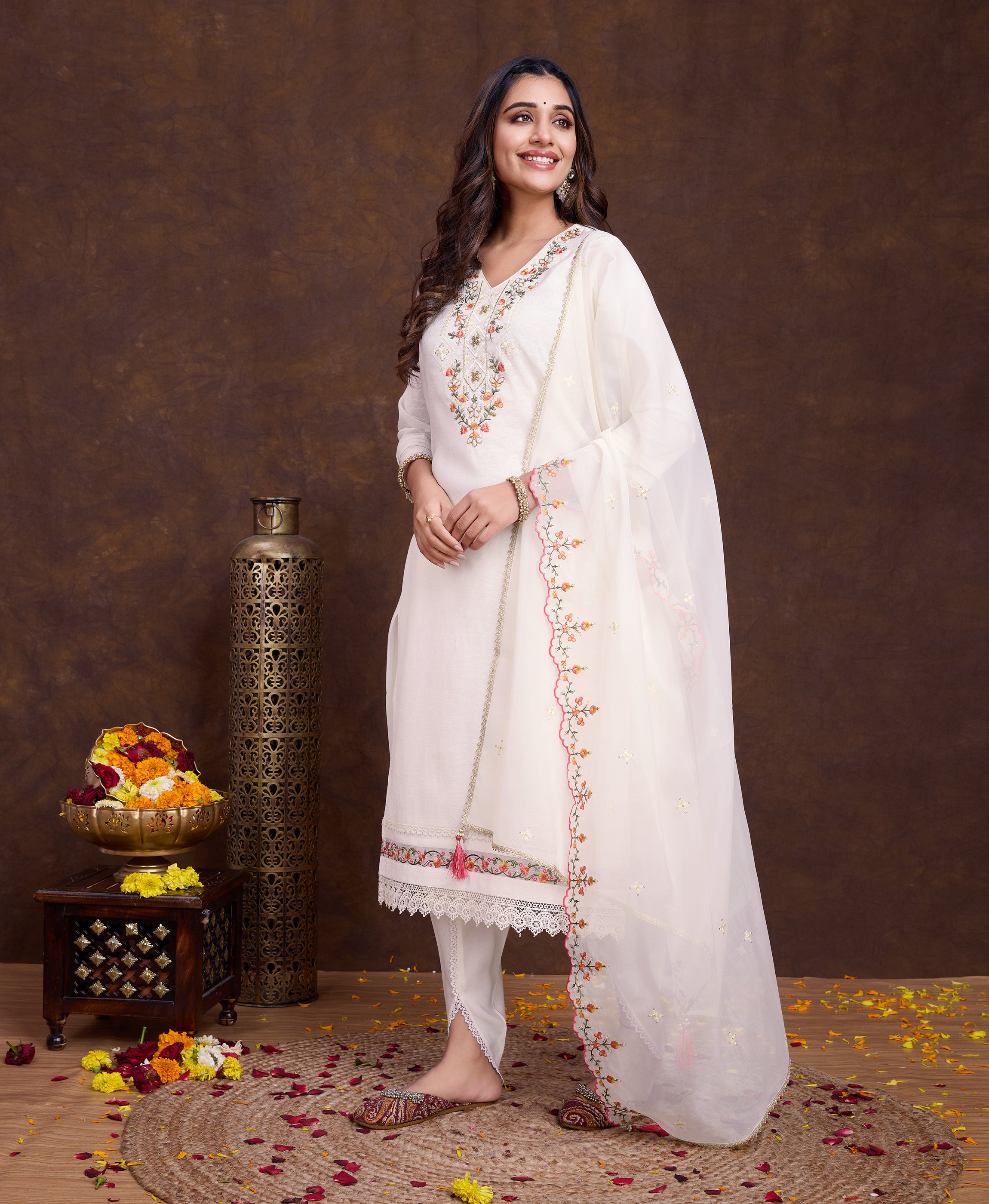 Her Couture Women's Off-White Viscose Embroidered Kurta With Tulip Pant & Dupatta