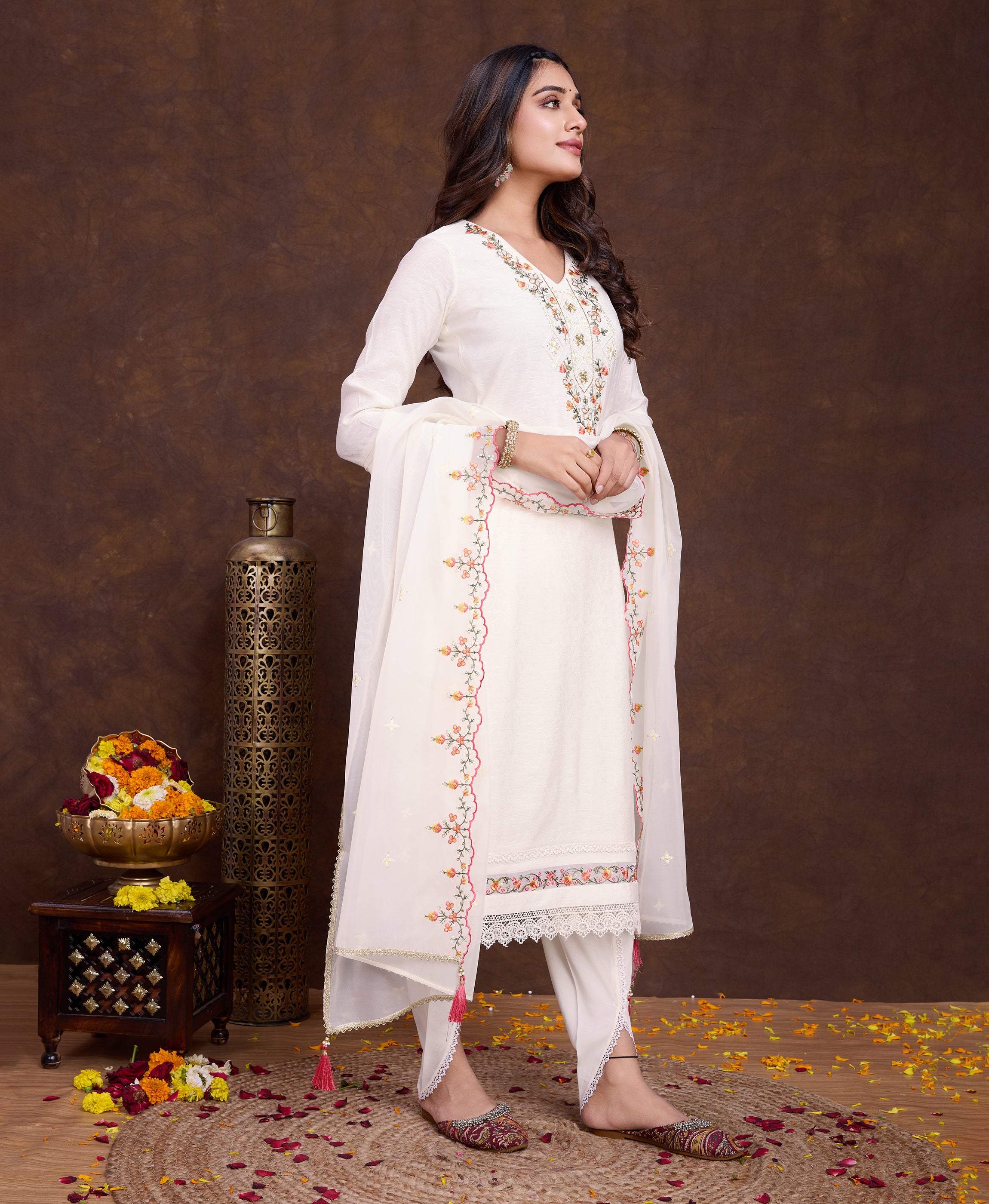 Her Couture Women's Off-White Viscose Embroidered Kurta With Tulip Pant & Dupatta