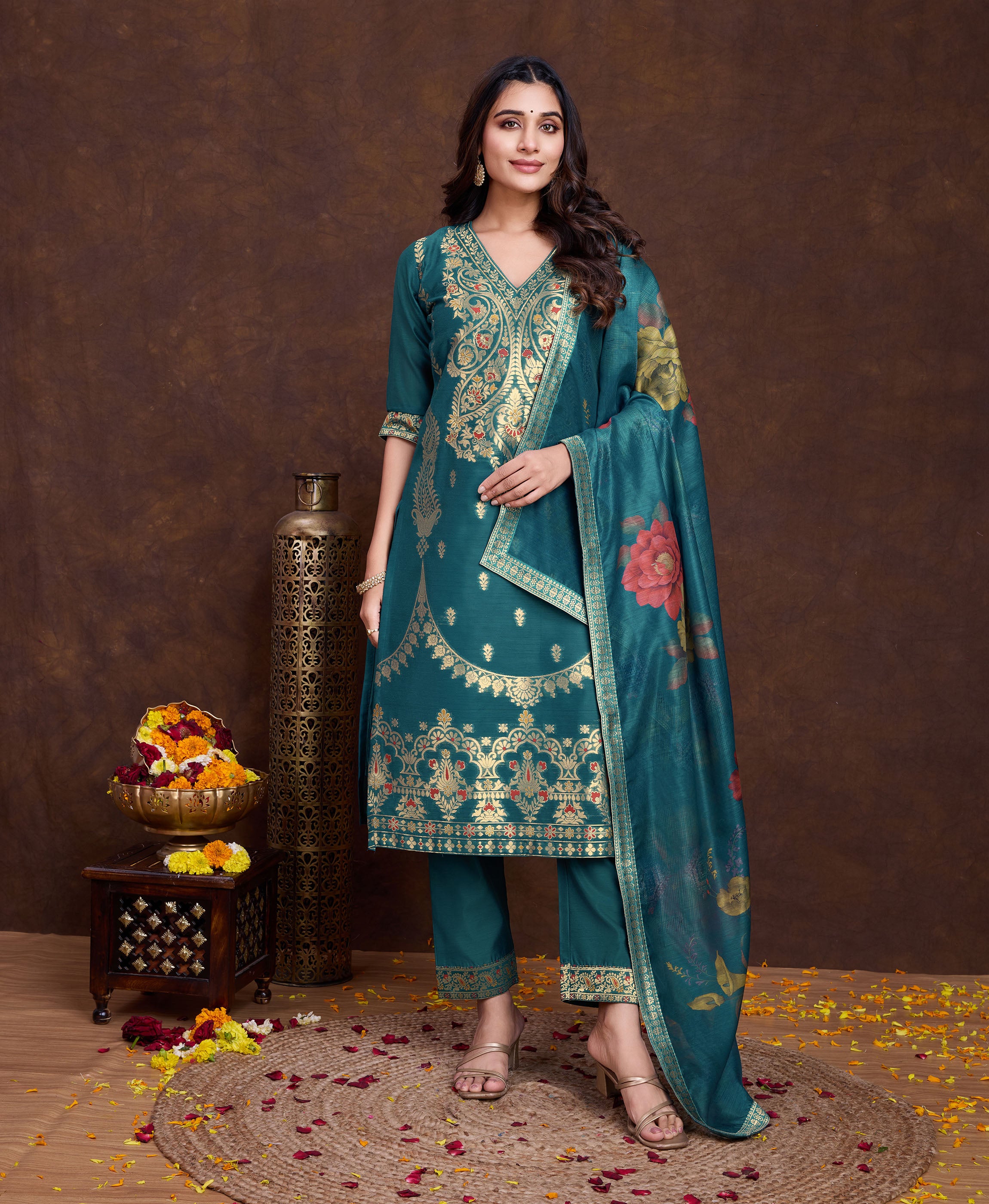 Teal Green Chanderi Silk Straight Festive & Party Kurta Set by Her Couture