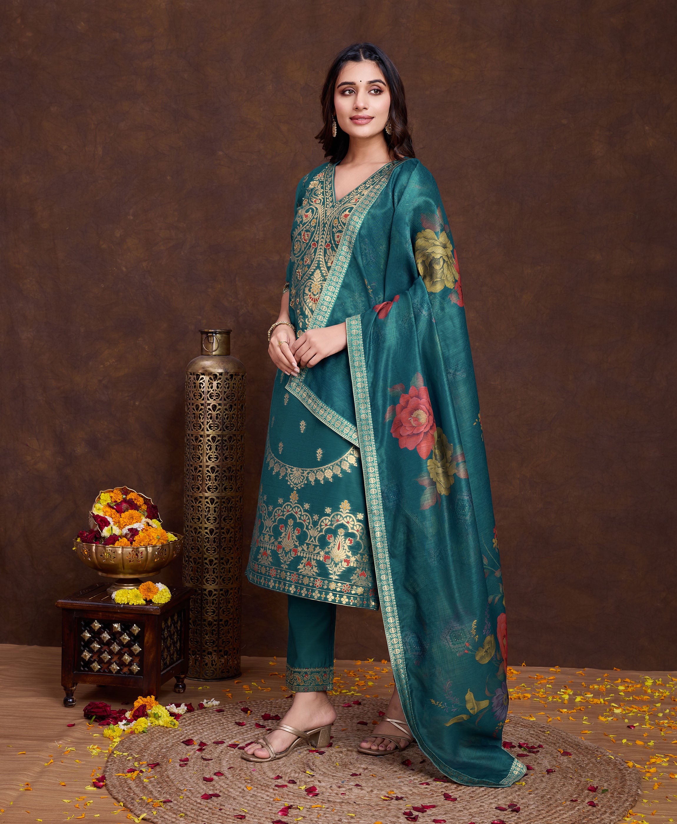 Her Couture Women's Teal Green Chanderi Silk Paisley Jacquard Straight Kurta With Pant & Dupatta