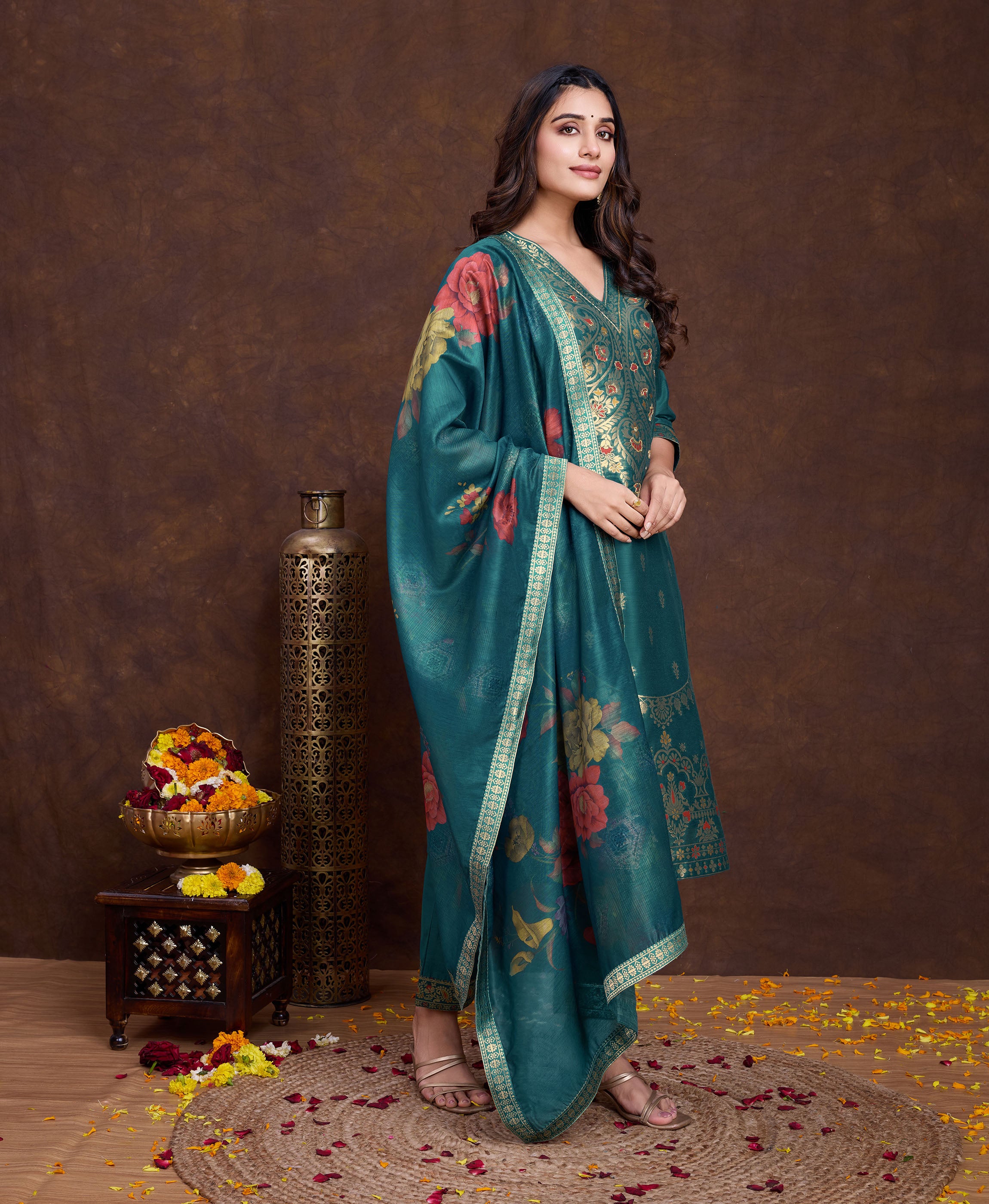 Her Couture Women's Teal Green Chanderi Silk Paisley Jacquard Straight Kurta With Pant & Dupatta