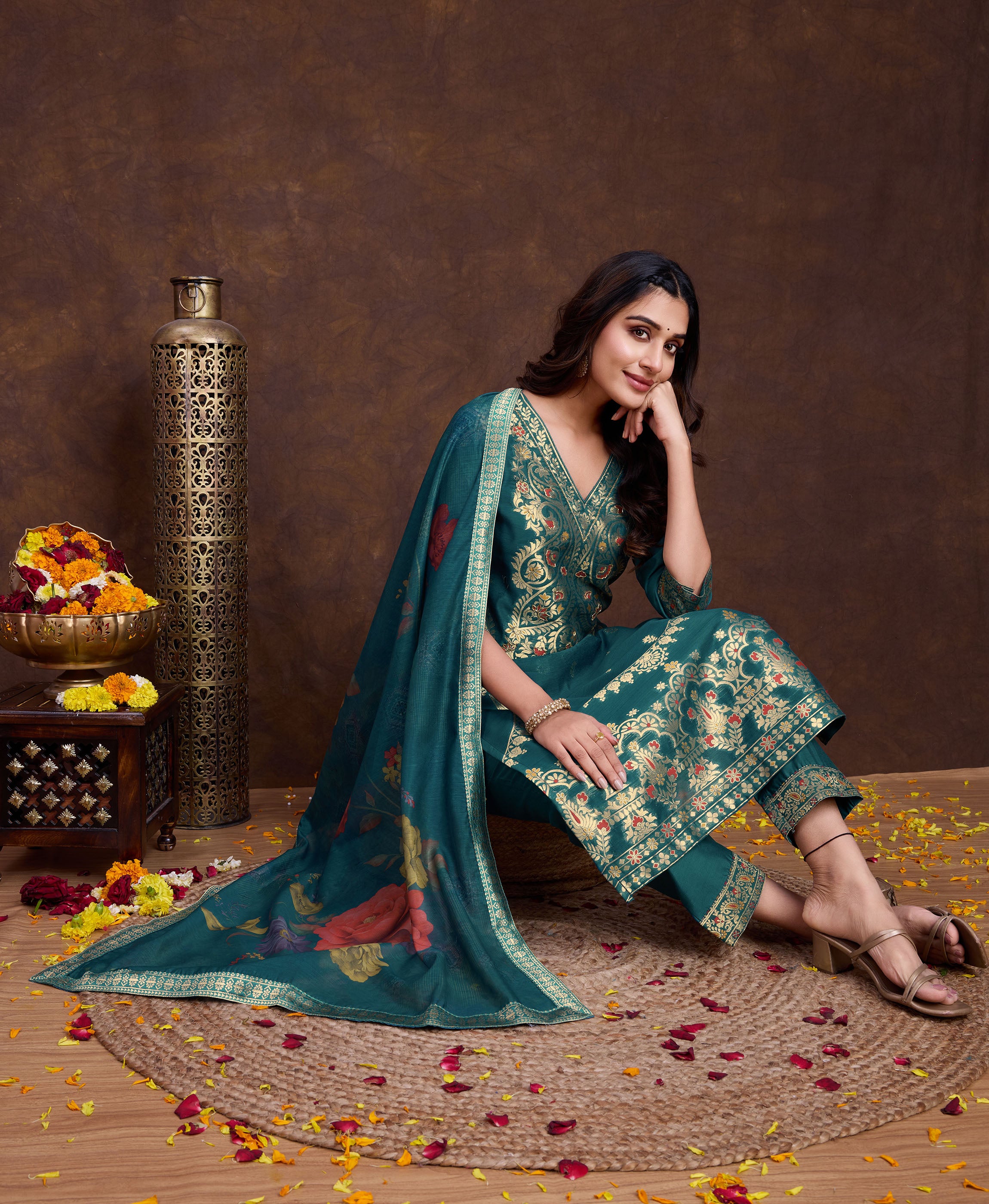 Her Couture Women's Teal Green Chanderi Silk Paisley Jacquard Straight Kurta With Pant & Dupatta