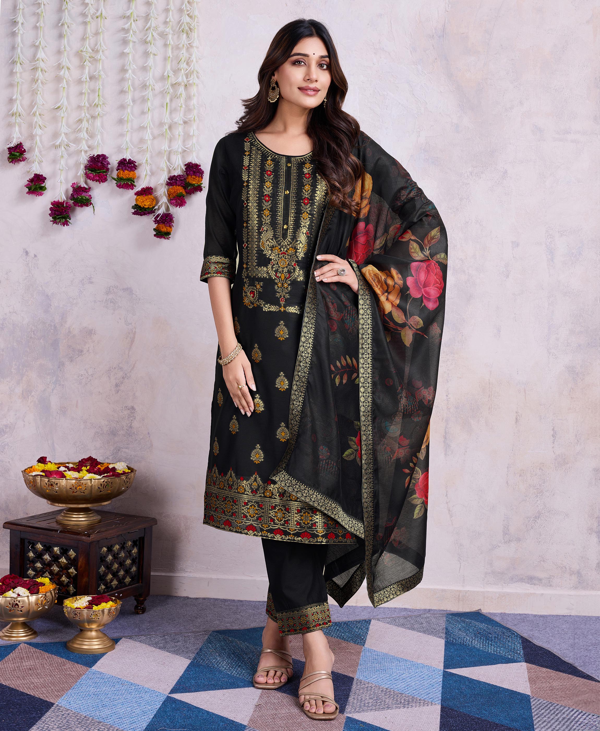 Black Chanderi Silk Straight Festive & Party Kurta Set by Her Couture