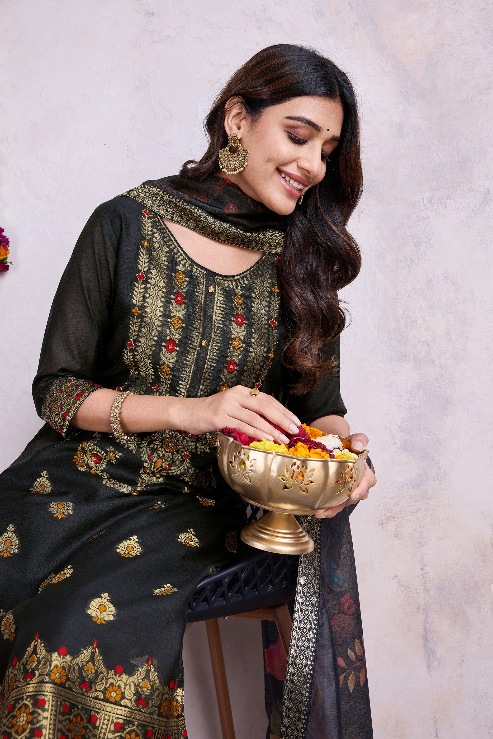 Her Couture Women's Black Chanderi Silk Ethnic Motifs Jacquard Straight Kurta With Pant & Dupatta