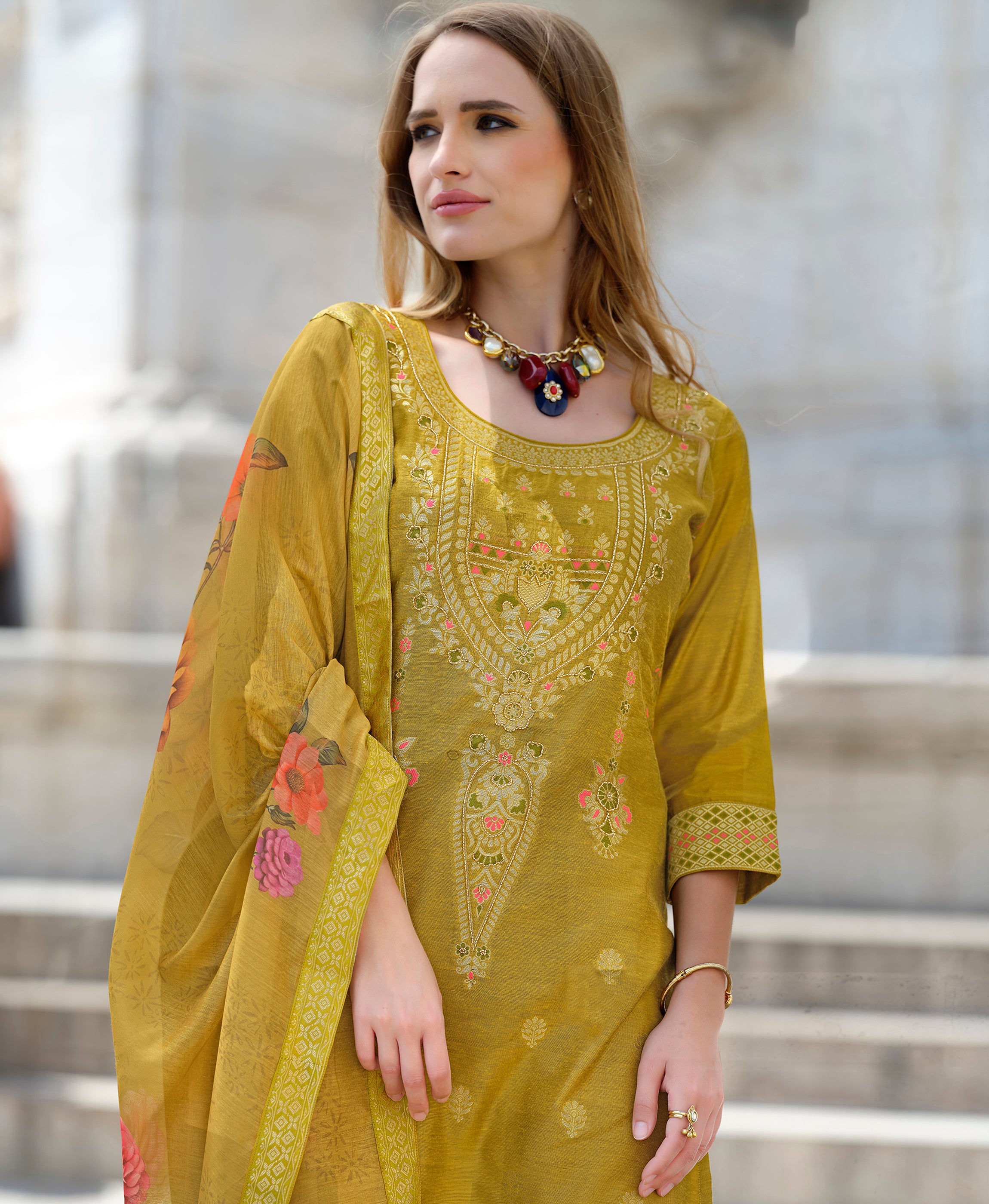 Lime Green Chanderi Silk Straight Festive & Party Kurta Set by Her Couture