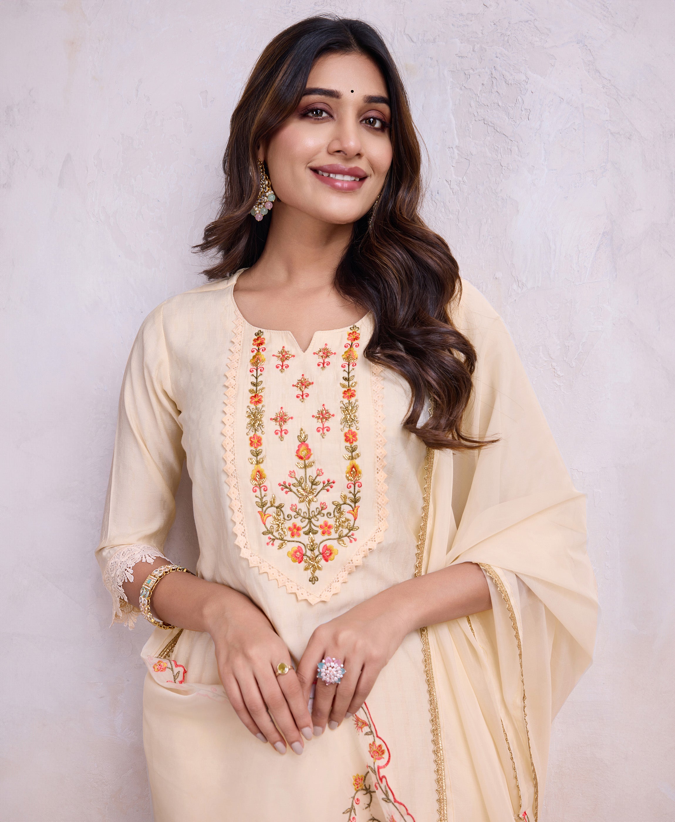 Her Couture Women's Cream Viscose Floral Embroidered Straight Kurta With Afghani Salwar & Dupatta