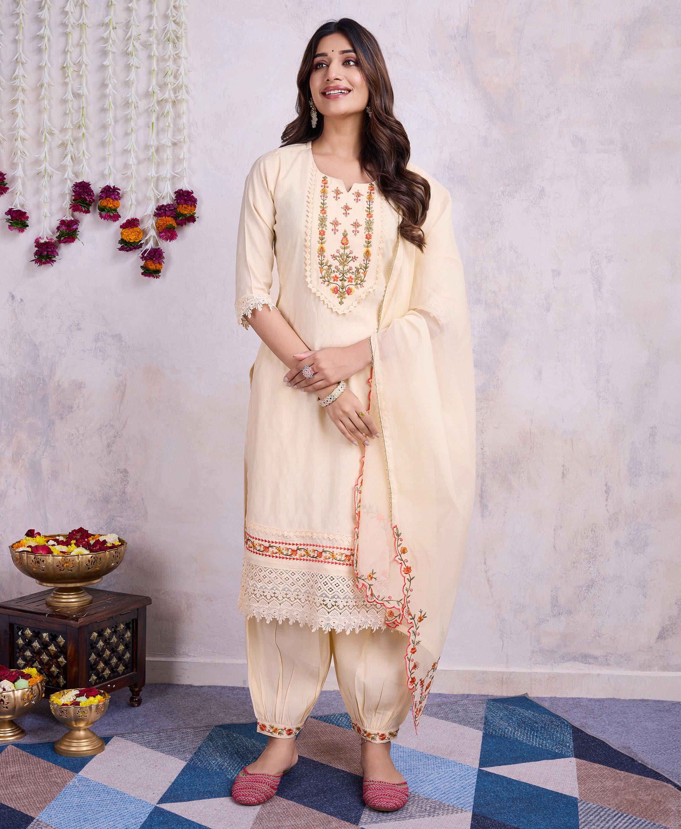 Cream Viscose Straight Festive & Party Kurta Set by Her Couture
