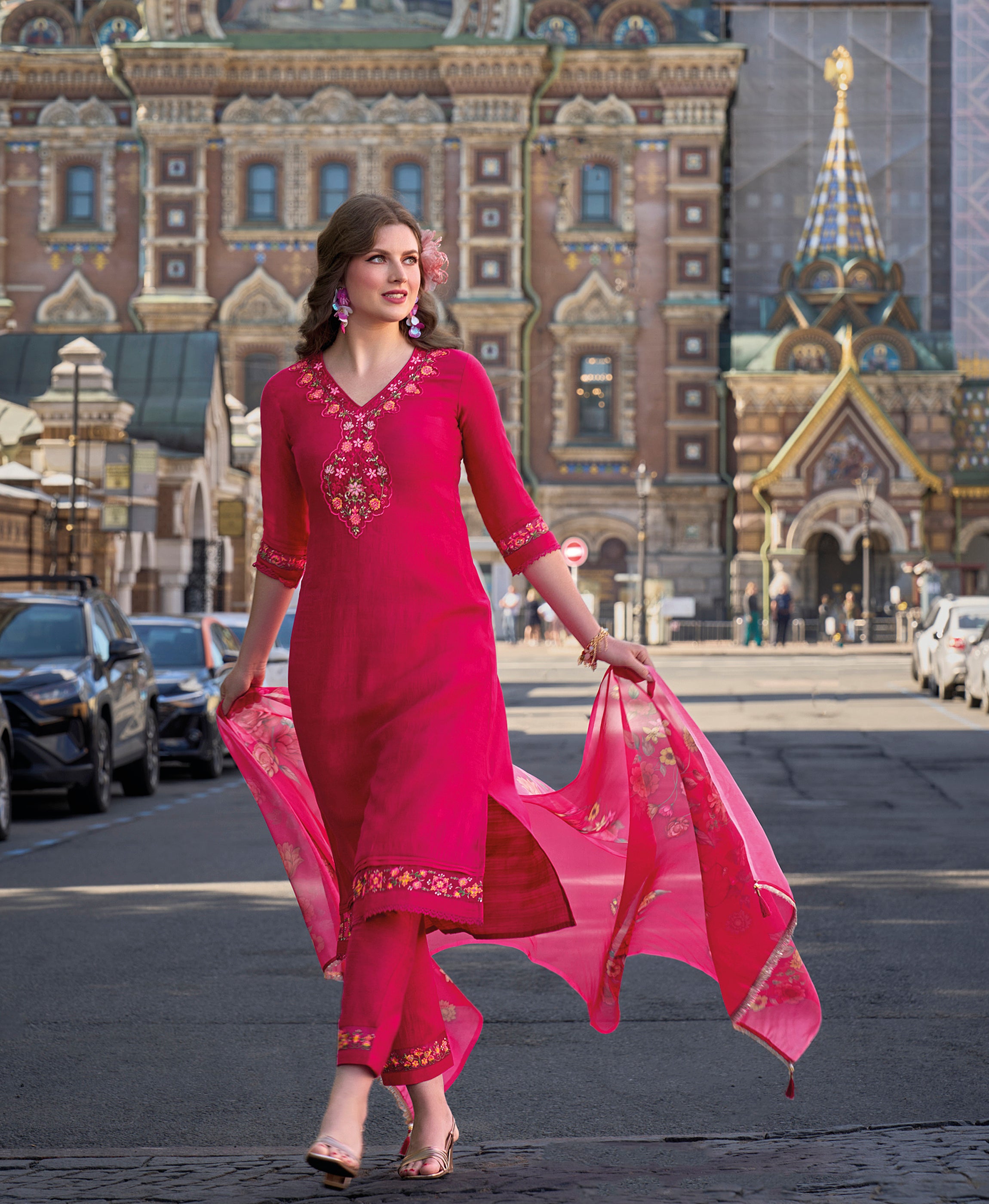Fuchsia Pink Viscose A-line Festive & Party Kurta Set by Her Couture