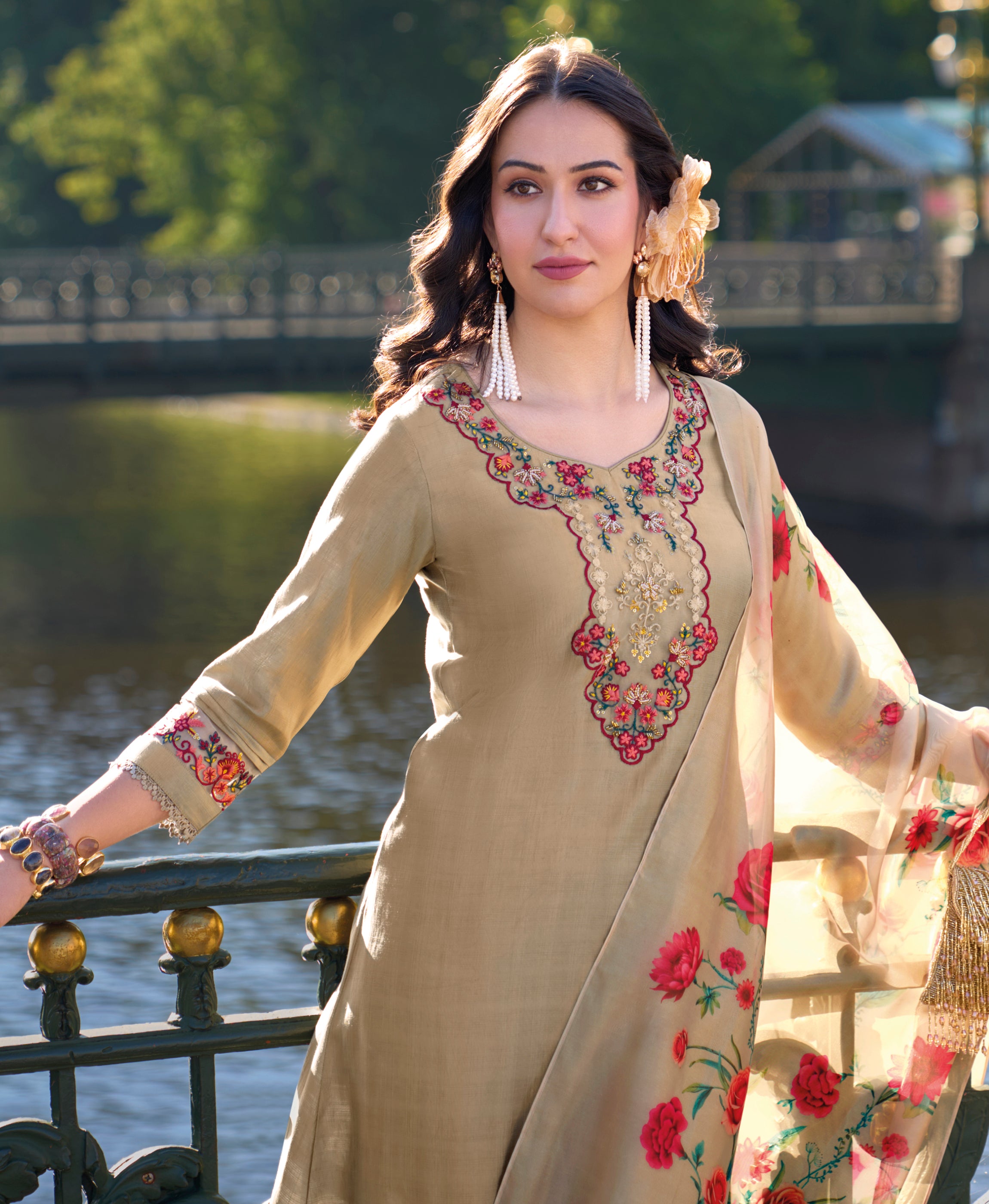 Khaki Viscose A-line Festive & Party Kurta Set by Her Couture