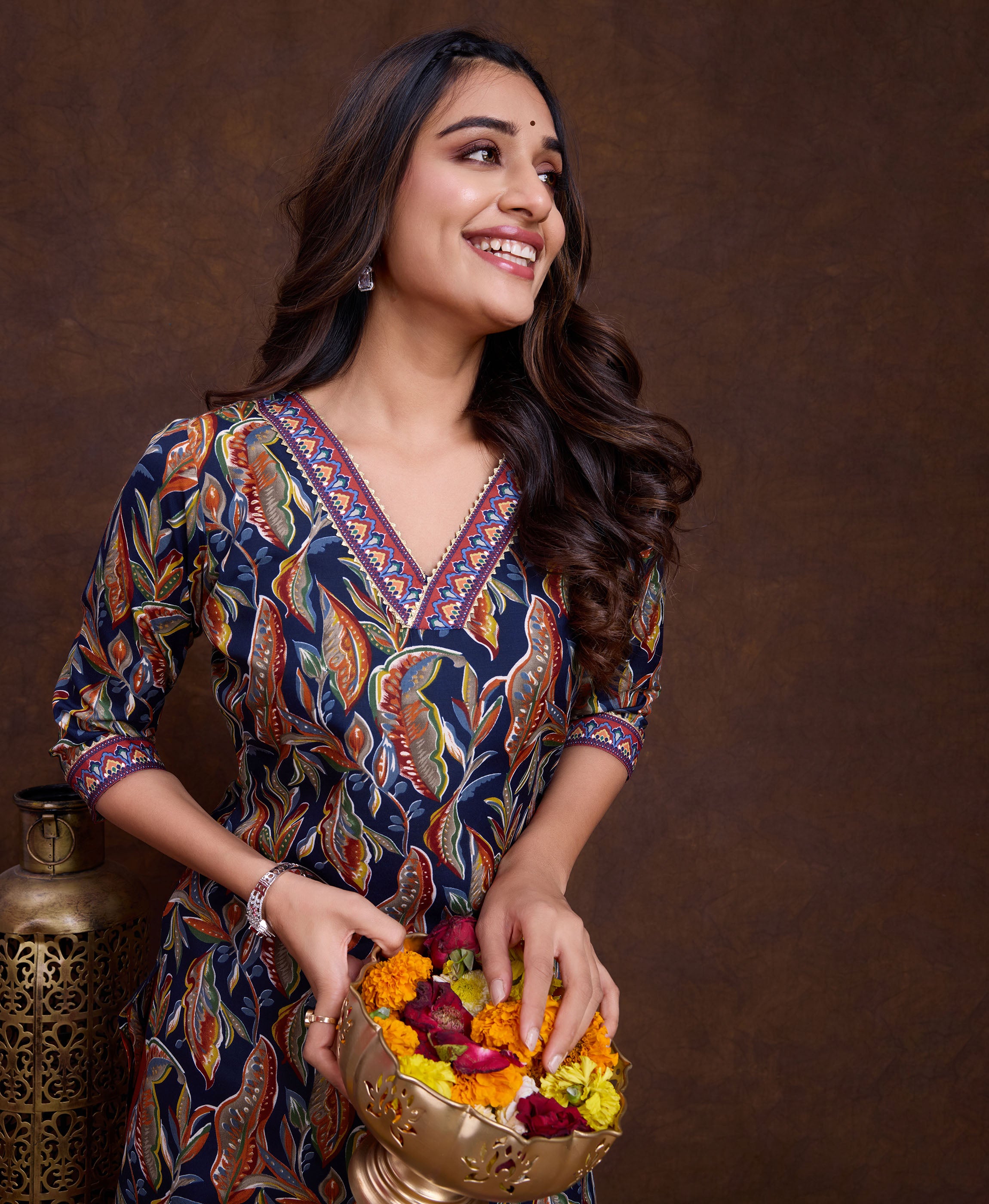 Her Couture Women's Navy Blue Cotton Leaf Printed Straight Kurta With Afghani Salwar