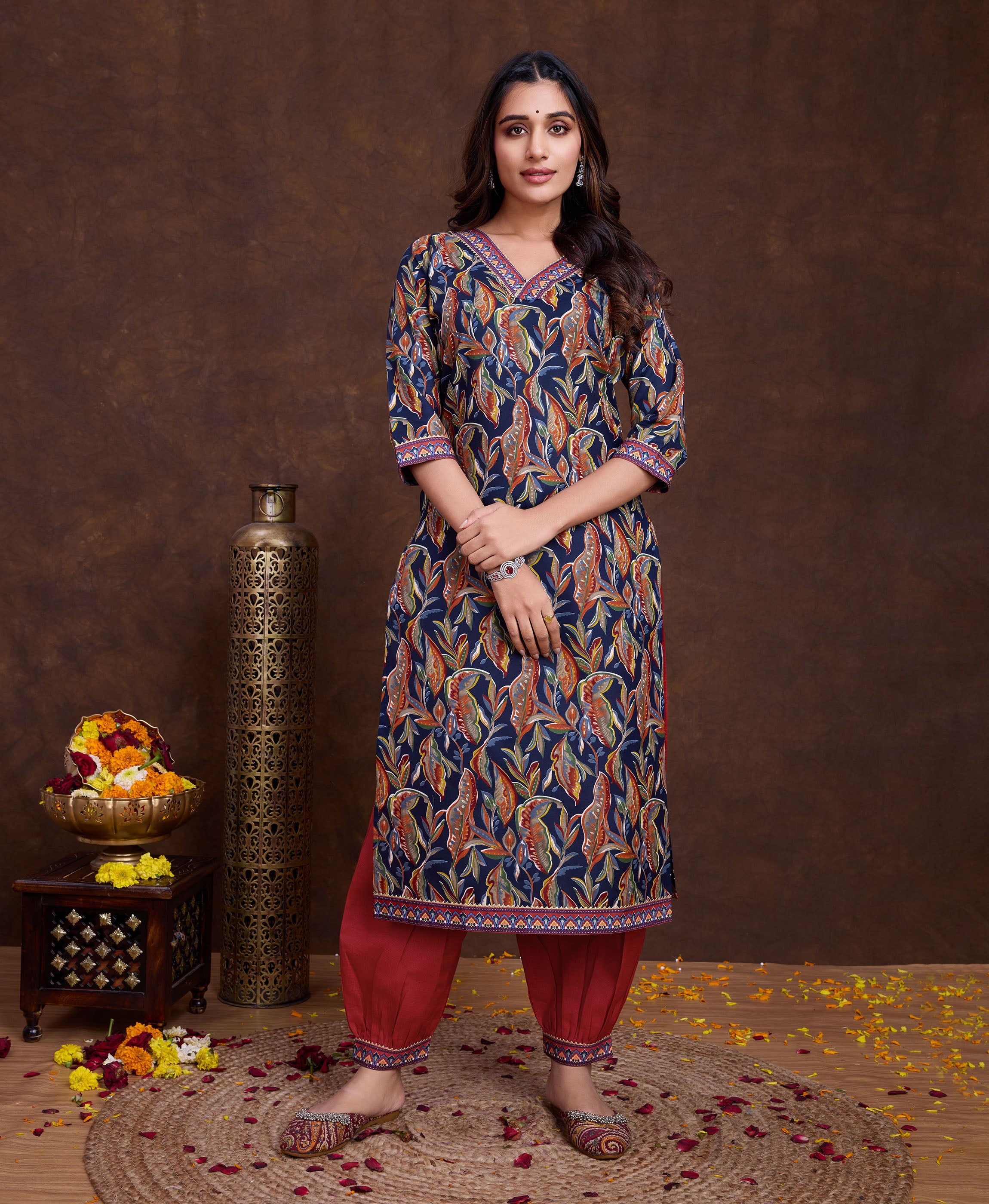 Navy Blue Cotton Straight Casual Kurta Set by Her Couture
