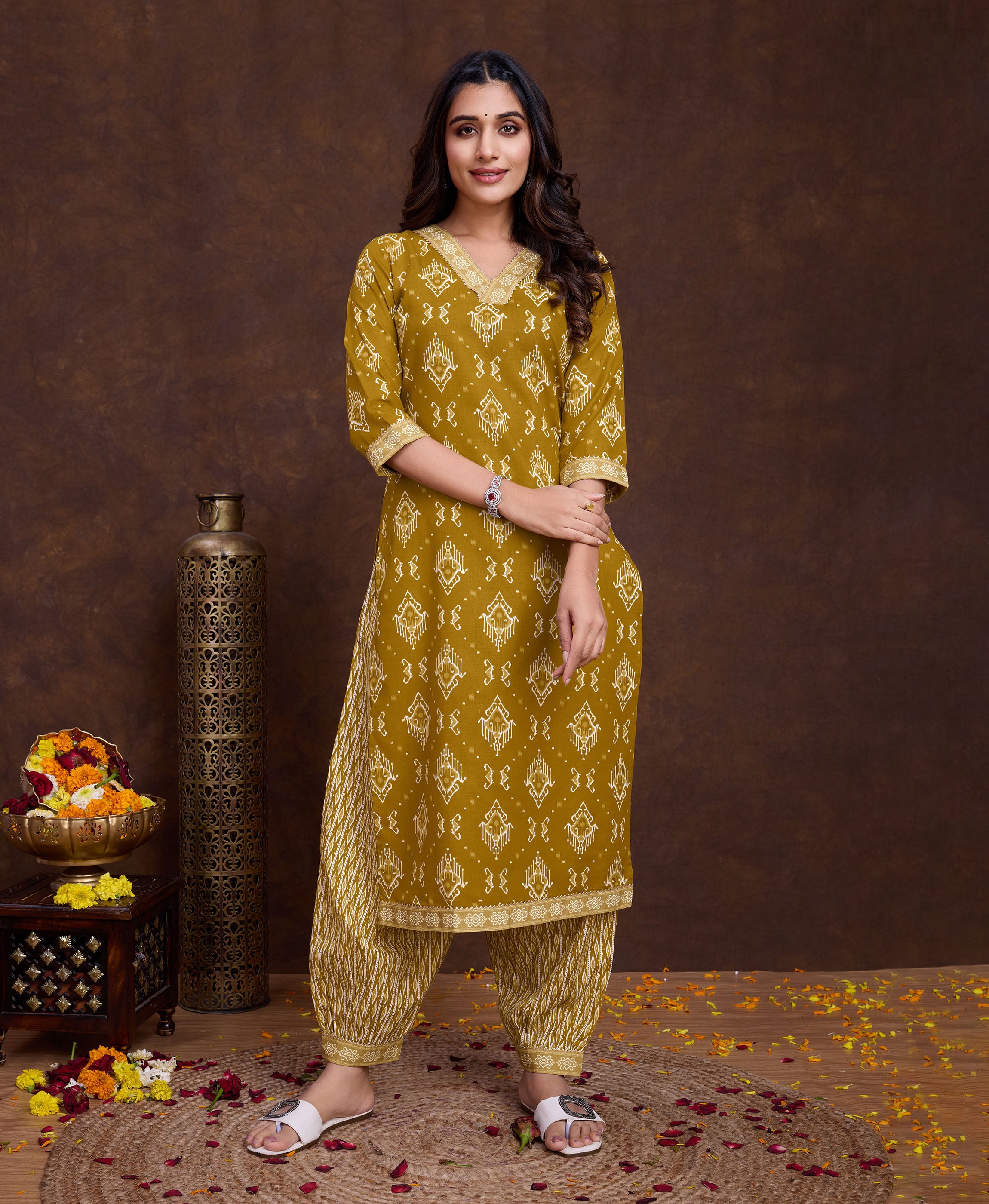 Mustard Cotton Straight Casual Kurta Set by Her Couture