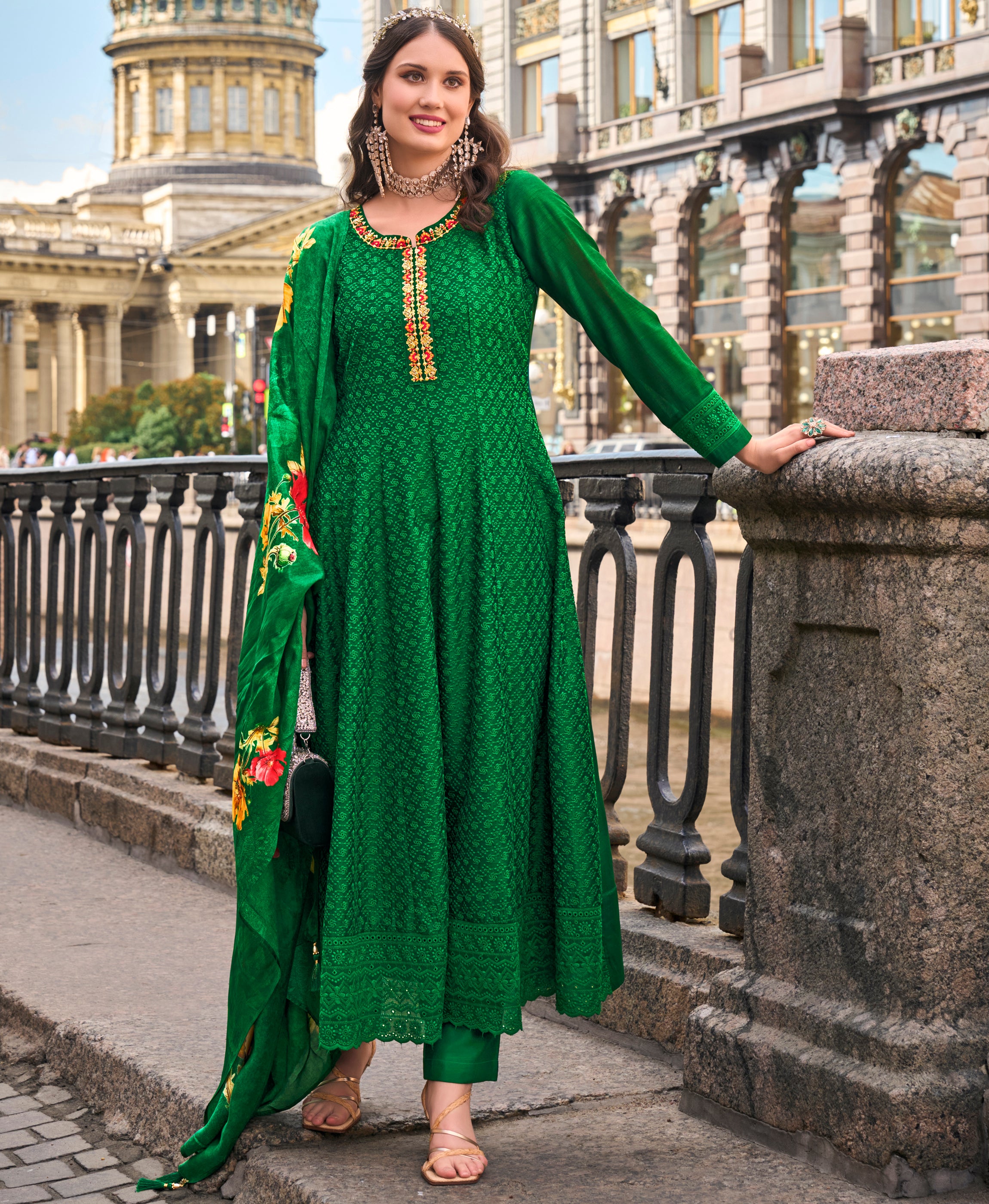 Green Vichitra Silk Anarkali Festive & Party Kurta Set by Her Couture