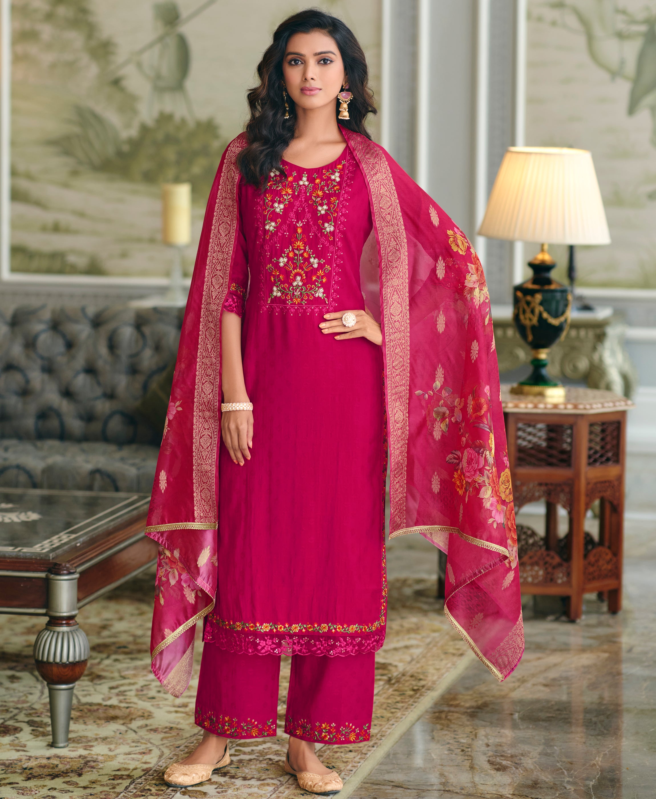Her Couture Women's Fuchsia Pink Viscose Silk Floral Embroidered Straight Kurta With Palazzo & Dupatta