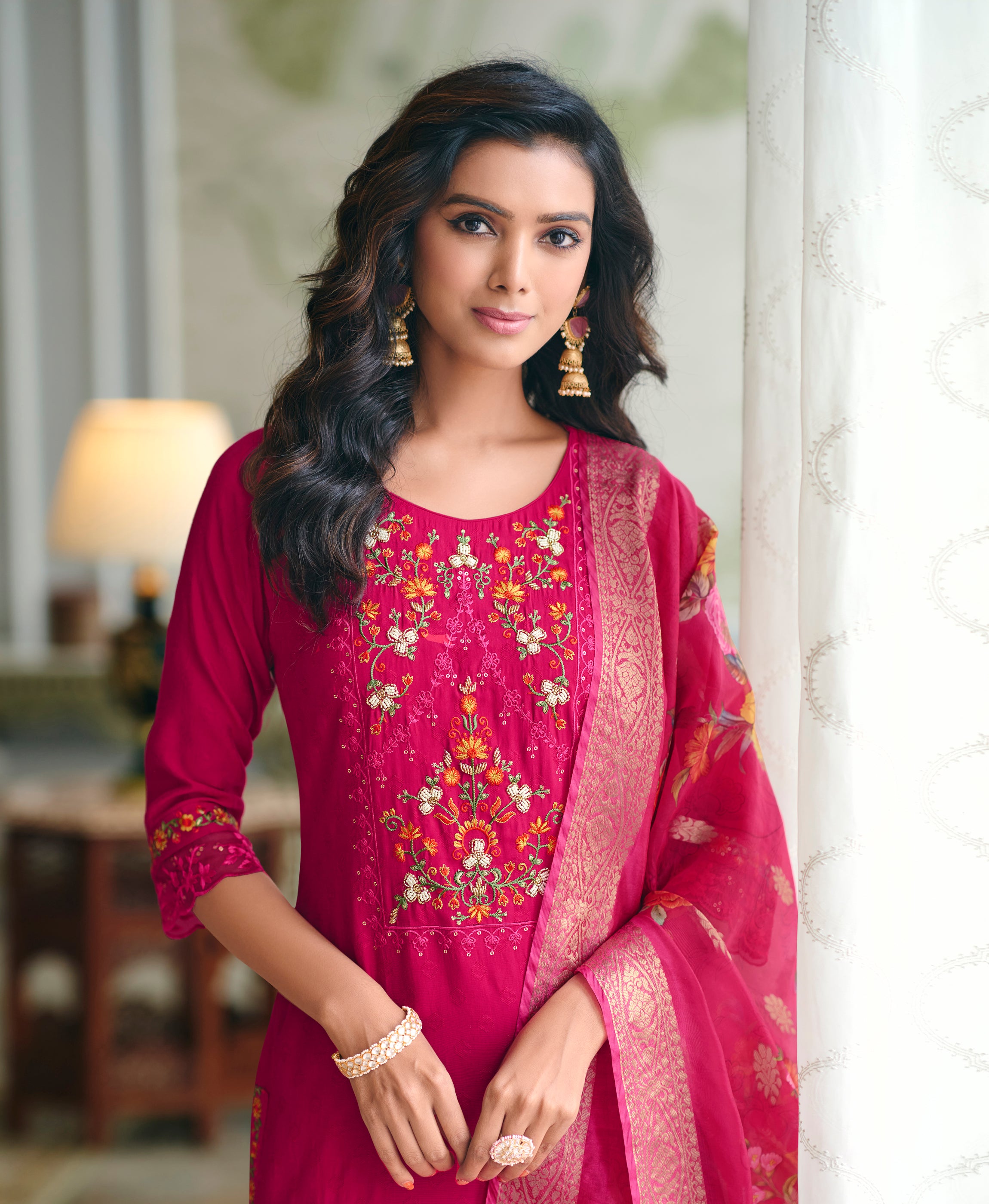 Fuchsia Pink Viscose Silk Straight Festive & Party Kurta Set by Her Couture