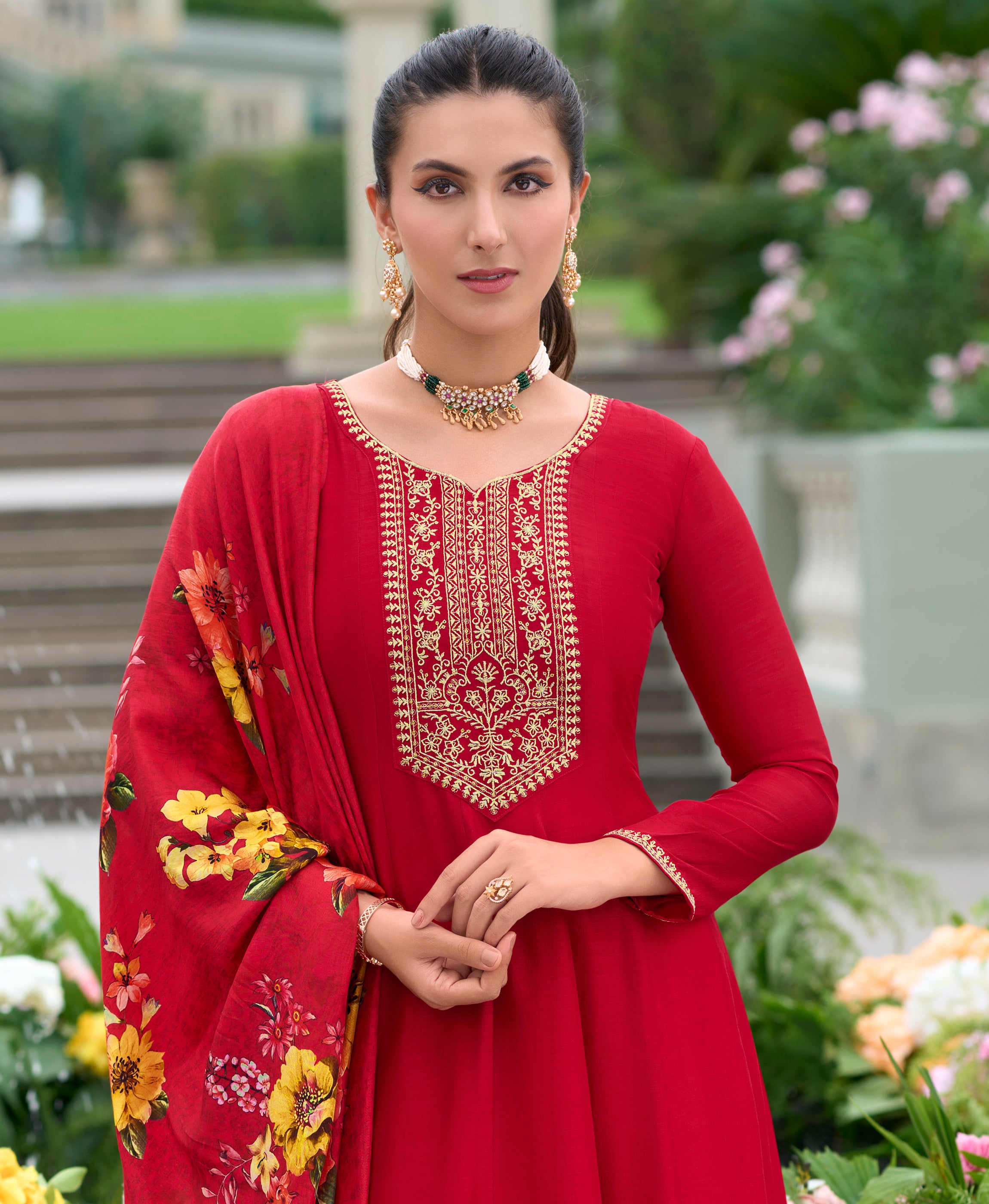 Red Vichitra Silk Anarkali Festive & Party Kurta Set by Her Couture